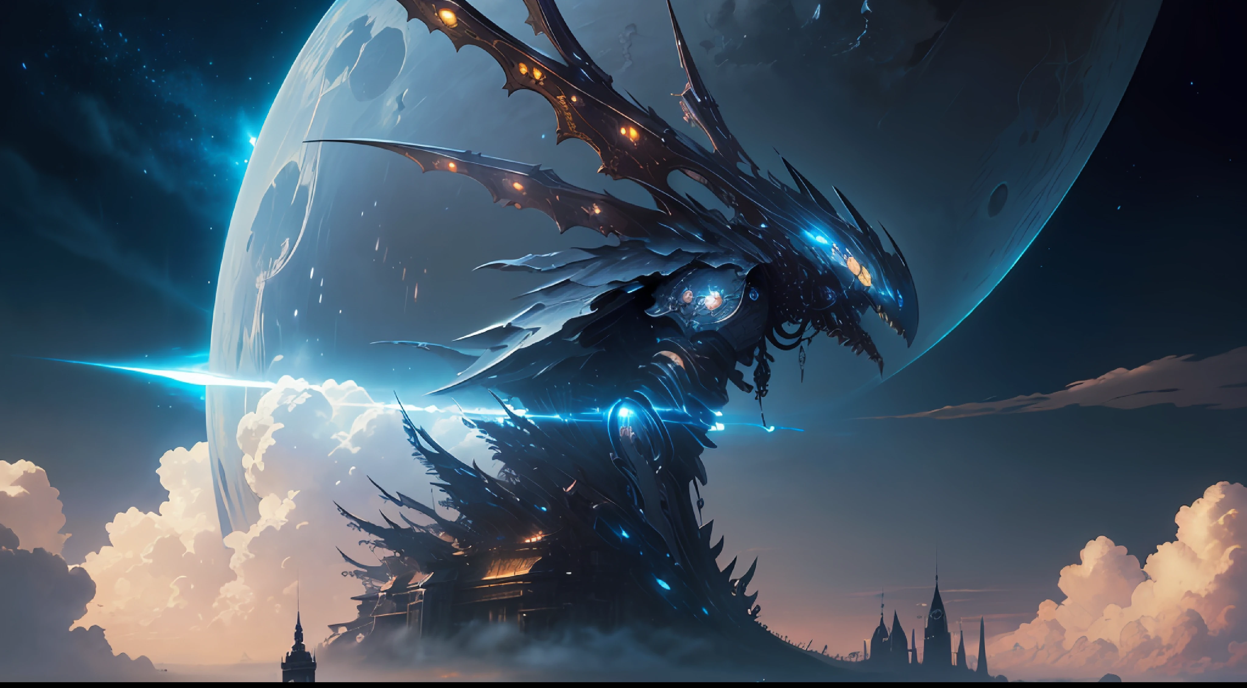 ((best quality)), ((masterpiece)), (detailed), giant mecha, horror beauty, perched on a cloud, (fantasy illustration:1.3), enchanting gaze, otherworldly charm, mystical sky, (Luis Royo:1.2), (Yoshitaka Amano:1.1), moonlit night, soft colors, (detailed cloudscape:1.3), (high-resolution:1.2) --auto
