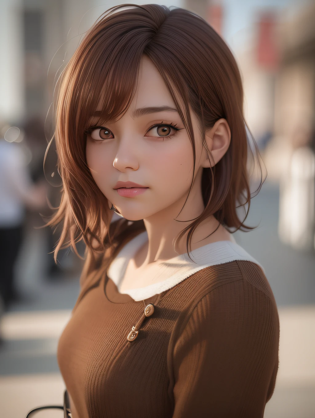 Close up portrait of woman in brown sweater and white shirt, photorealistic anime, photorealistic anime girl render, realistic anime 3 d style, 3 d anime realistic, [ 4 k photorealism ]!!, cute natural anime face, kawaii realistic portrait, brown hair and large eyes, Smooth Anime CG Art, realistic young anime girl