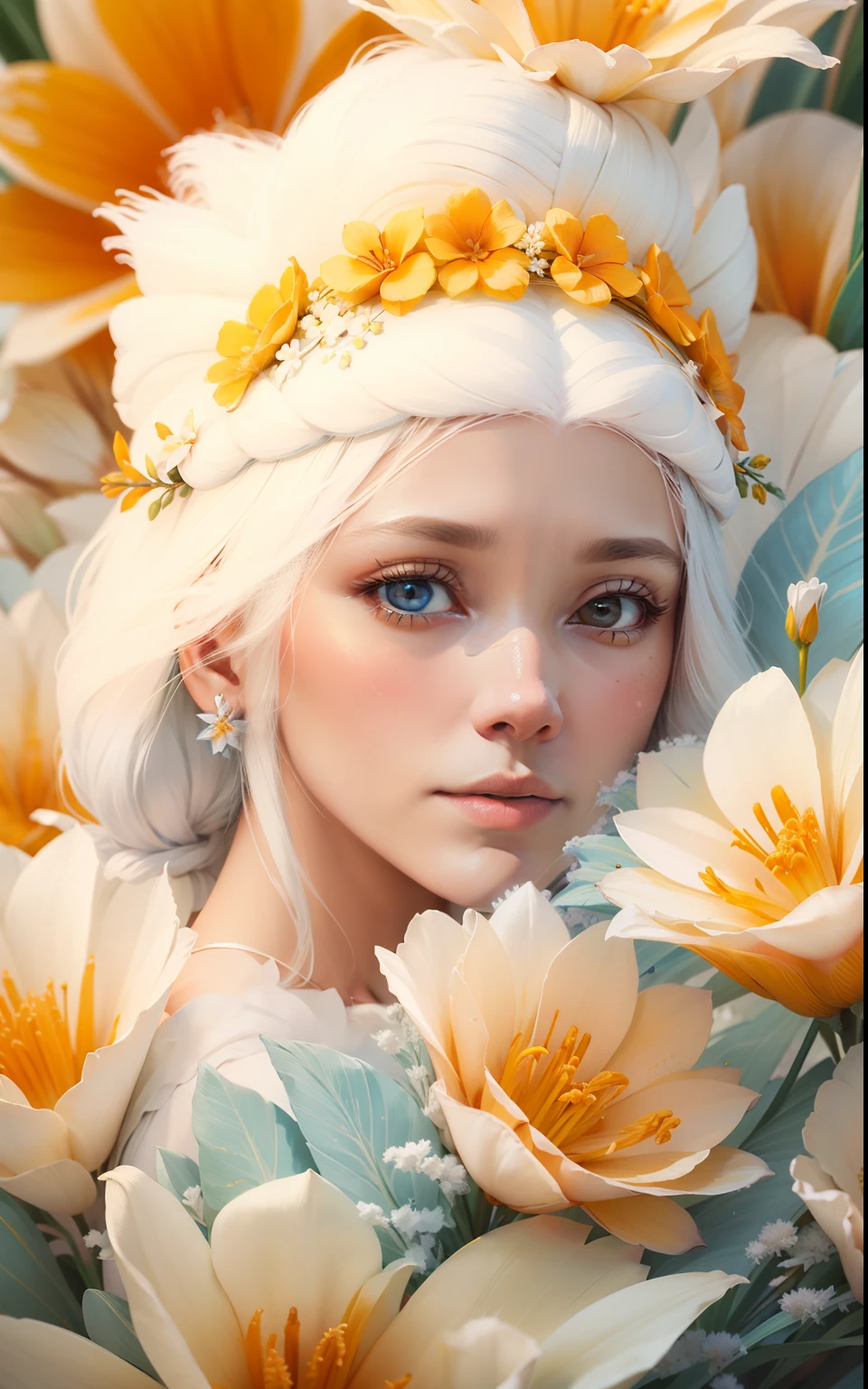 Beautiful detailed frost frost frosty Hawaiian white orange yellow winter queen soft many blue Hawaiian flowers hyperdetailed portrait 8k Leonardo da Vinci slight turn to the left --auto