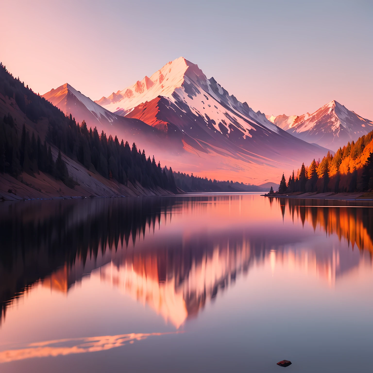 Create a Linear brushstrokes ln high-level illustration in the style of scenery, outdoors, Summer, early morning, morning sky, Whitish light pink sky, Dark iron-colored mountainside, Red Fuji, reflected on the surface of the lake