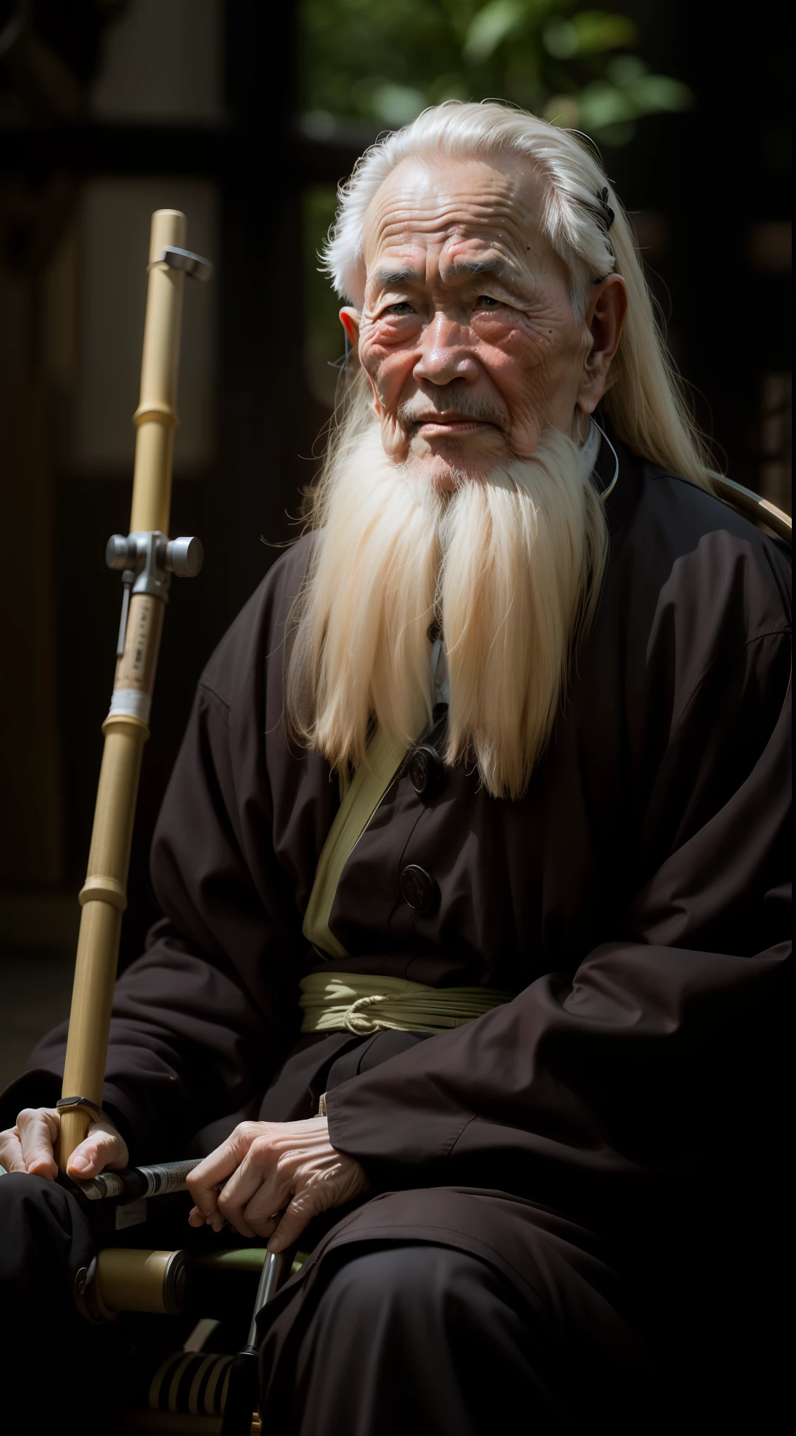 Old Chinese man on crutches，Long beard，Sit on a bamboo chair，The background is the scenery, Nature views，Background bokeh，Looks old，with wisdom，Face wrinkled，male people，A old man