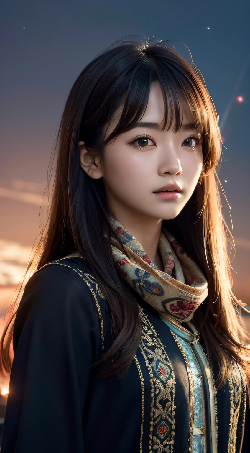 (RAW Photo, Best Quality), (Realistic, Photo Realistic: 1.3), Best Quality, Highly Detailed, Masterpiece, Ultra Detailed, Illustration, 1 Girl, upper_body, Dynamic Angle, Extremely Detailed CG Unified 8k Wallpaper, Ink, Amazing, Movie upper_body, Dynamic Angle, World Mastery Theater, messy_long_hair, Best Quality, Extremely Detailed CG Unified 8k Wallpaper, Ink, Amazing, Movie Lights, lens_flare, dunhuang_style, Detailed Face, Beautiful Rendering of Tang Dynasty, (Deliberate expression: 1. 5), Standing in a flower field, (Looking up at the stars: 1.2), Fireflies, Scarf floating , sony master shot, woman posing for photo in front of tv, inspired by Fei Danxu, brown hair and bangs, hi-res screenshot, nicovideo, normal hands, vivid colors, full face shot of limur tempest, nice studio lighting, vhs screenshot, beautiful fine face, ar