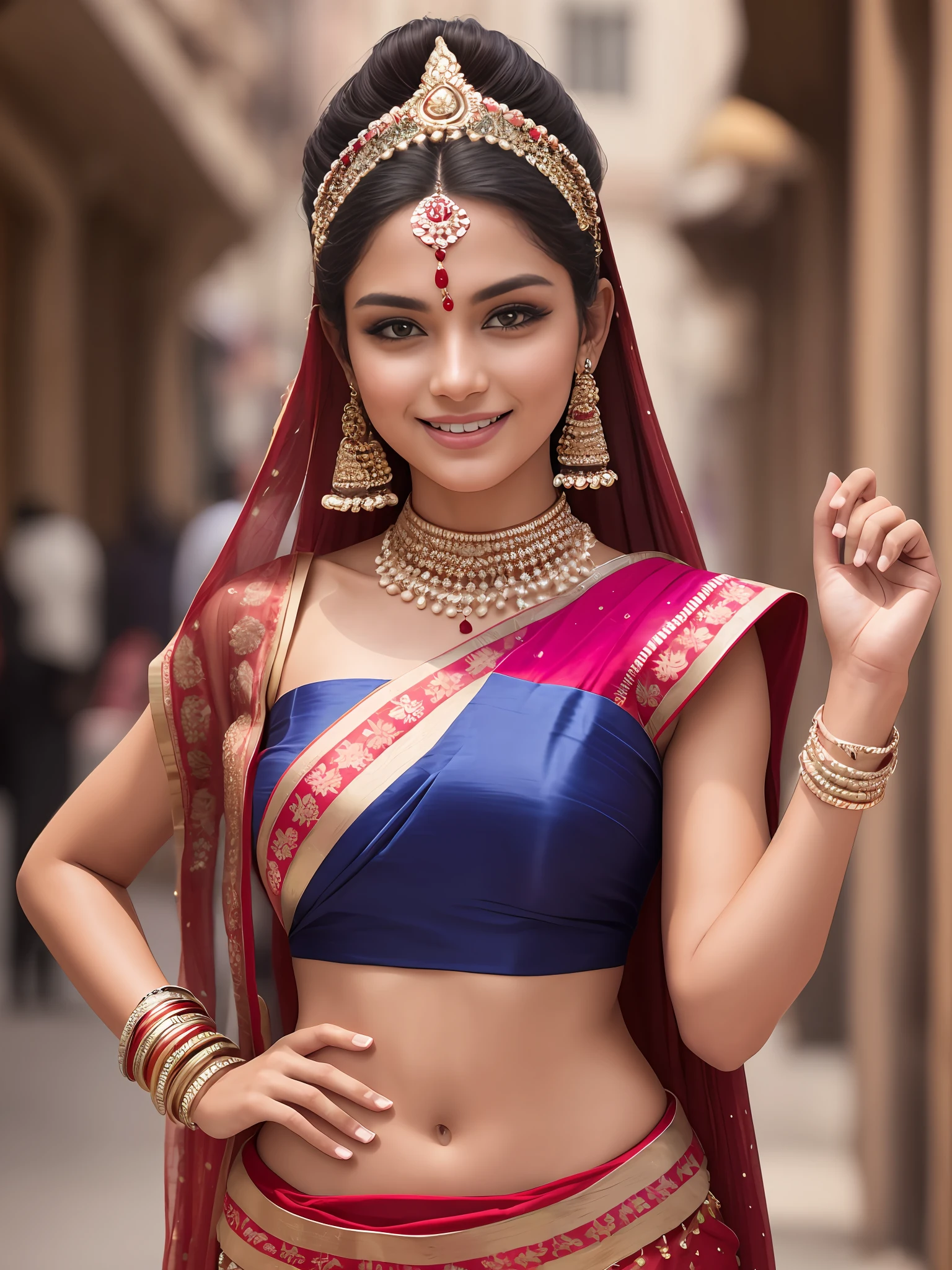 a European supermodel smiling at the camera in Indian attire -ar 2:3 --auto --s2