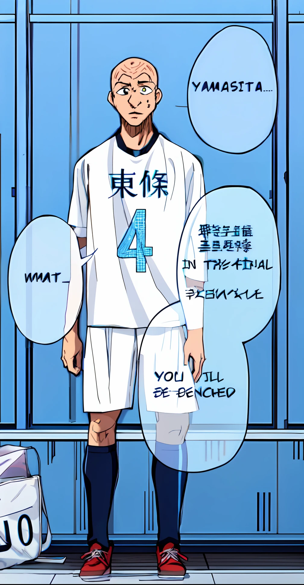 a anime of a man standing, bald, white shirt uniform soccer, sweat, sweatdrop, confused, bag, locker room, text bubble speech, color manga, manga color, color manga, color manga panel, simple background