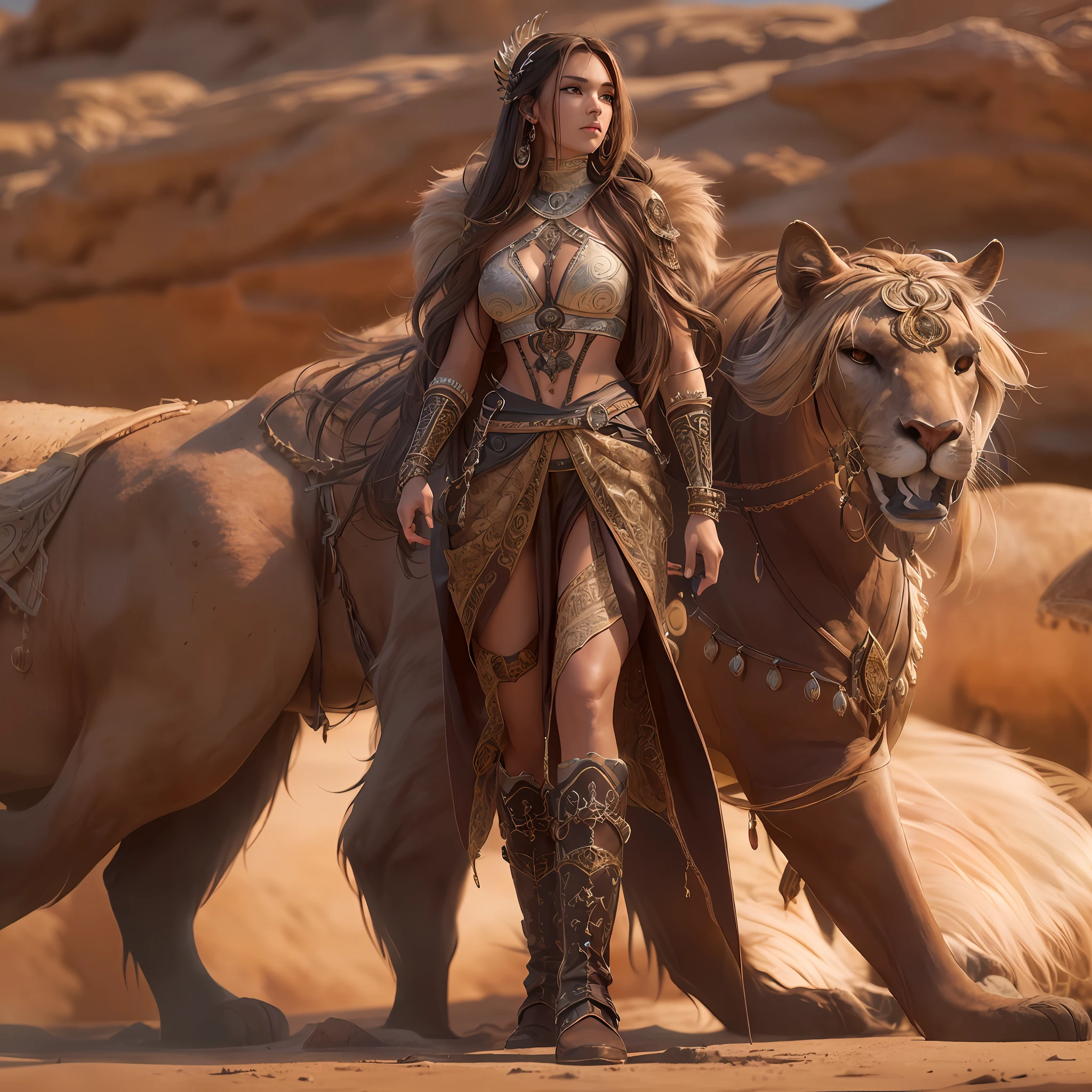 high details, best quality, 8k, [ultra detailed], masterpiece, best quality, (extremely detailed), dynamic angle, ultra wide shot, RAW, photorealistic, fantasy art, realistic art, a wide angle picture of a female human druid, knelling (1.5 intricate details, Masterpiece, best quality) talking to a cougar (1.5 intricate details, Masterpiece, best quality) in desert (1.5 intricate details, Masterpiece, best quality),  a female  wearing leather clothes (1.4 intricate details, Masterpiece, best quality), leather boots, thick hair, long hair, brown hair, tan skin intense brown eyes, desert background (intense details), a stream flowing in an oasis (1.4 intricate details, Masterpiece, best quality), sun light, dynamic light. dynamic angle, (1.4 intricate details, Masterpiece, best quality) 3D rendering, high details, best quality, highres, ultra wide angle