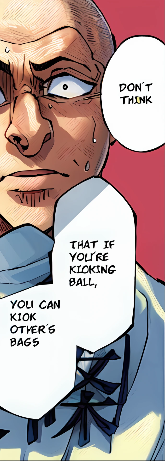 a anime of a man close up, half face view, close up, bald, white shirt, sweat, sweatdrop, shocked, text bubble speech, color manga, manga color, color manga, color manga panel, simple background, a white background