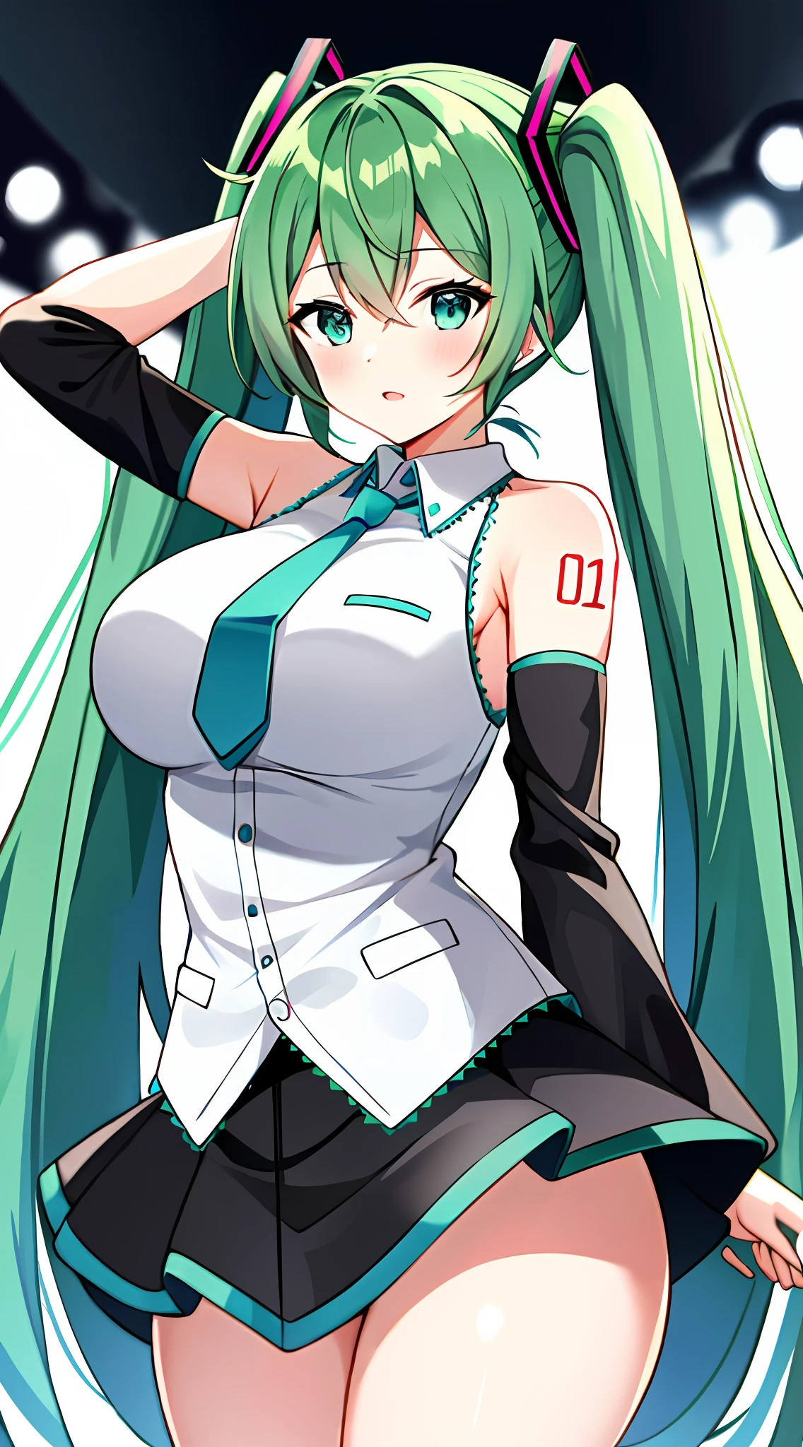 Big breasts Hatsune Miku,Electronic singer,Green hair,bare shoulders,a black skirt,black sleeve,(White color blouse),8K,A high resolution,Green eyes,Concert background,At the concert site,Only beautiful thighs are exposed,The clothes are white,The number for the big arm is 01,The number is 01,Shiny background,There is a tie to wear,Pose in a way that a girl would pose,High quality hair,The eyes of the anime heroine,Ultra-high detail eyes
