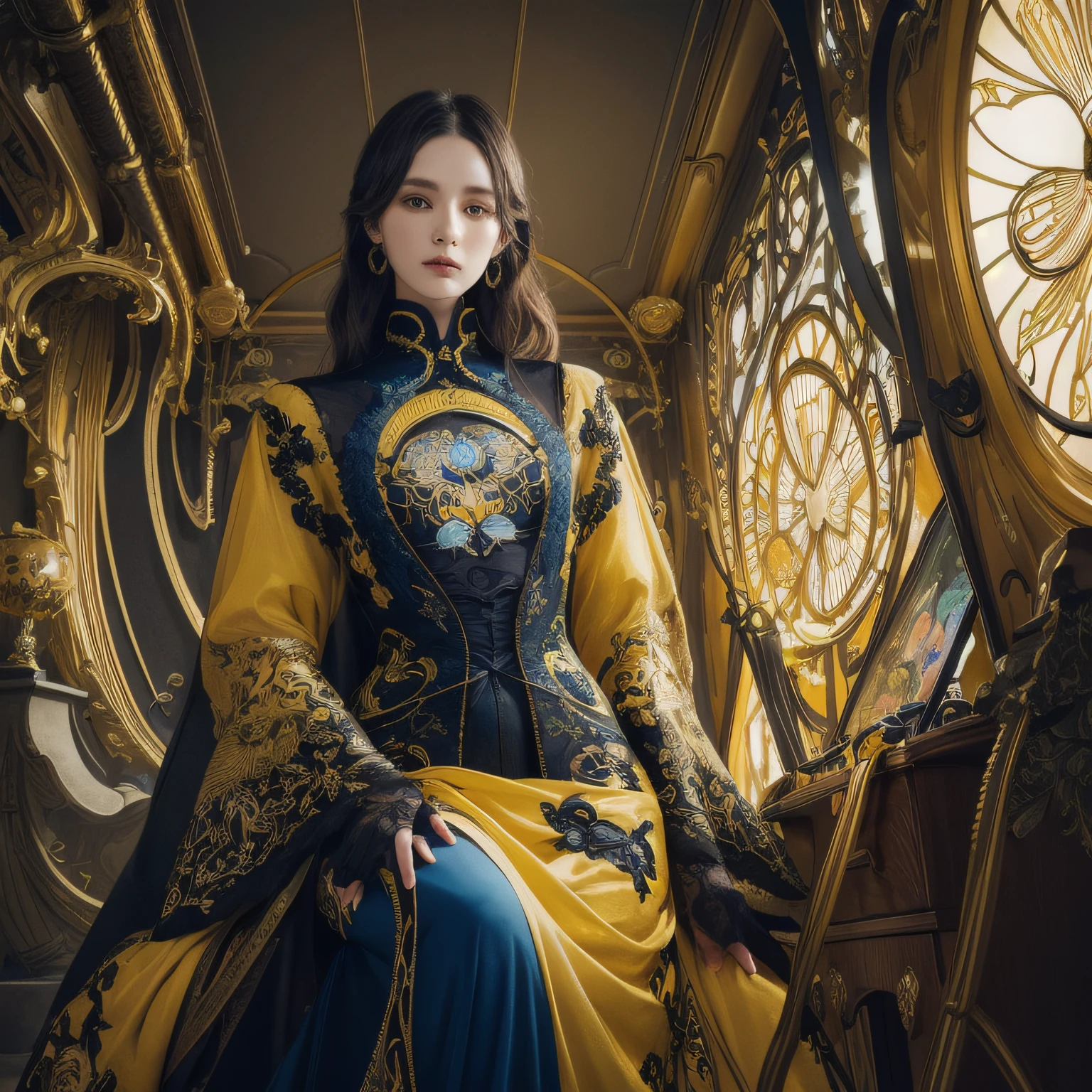 Art Nouveau fashion embroidery,8k post-production、Yellow and black and a little blue、Elaborate metallic bones、semi human、Glenn Brown Style Futuristic Room