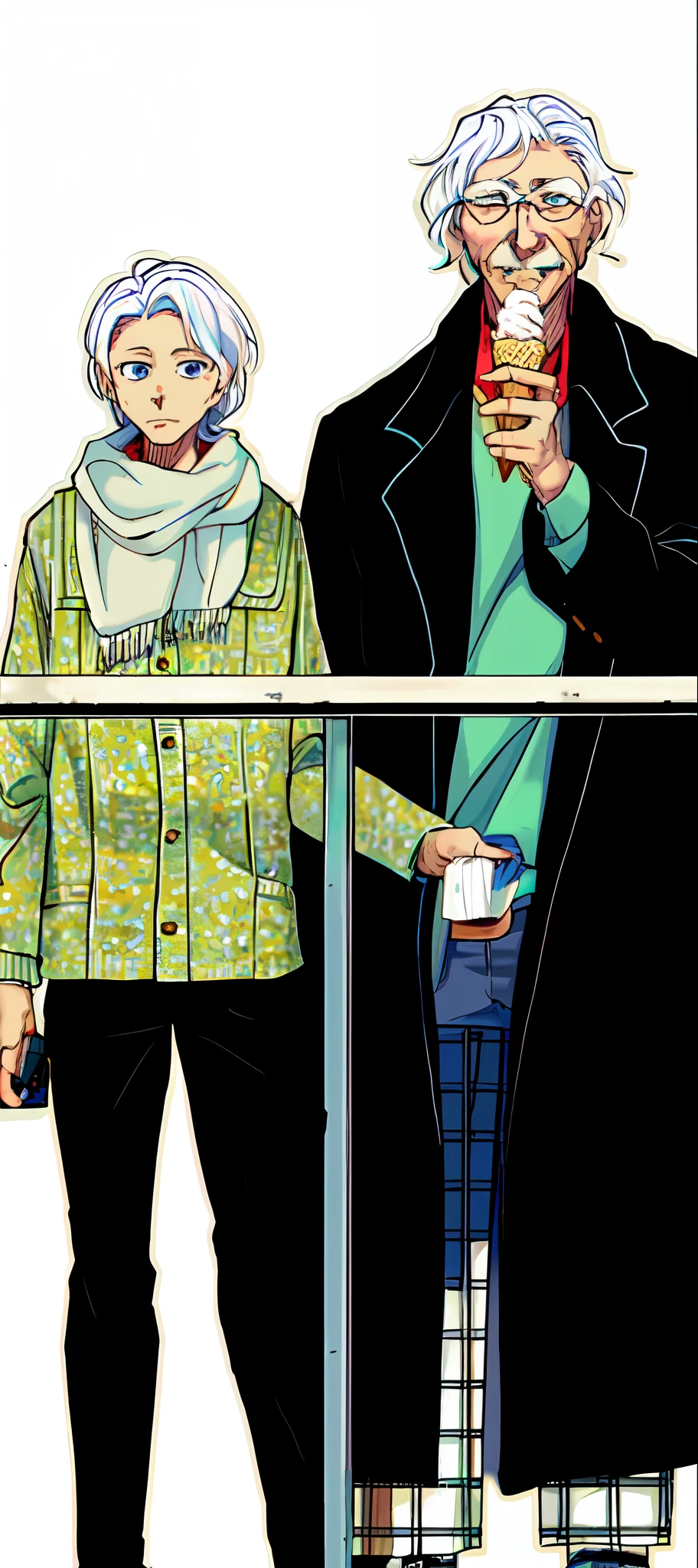 boys, old man eat ice cream, jacket, old man eating ice cream next to him is his son, iron fence, color manga, manga color, color manga, color manga panel, simple background, a white background