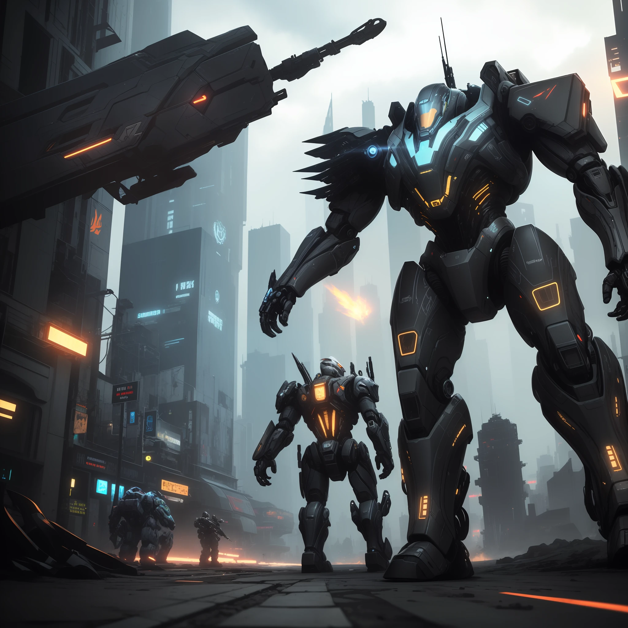 Sunnyday,cyber punk perssonage,Black color mecha,Flying Warframe,immensity,in high definition with HD texture,Colorful city,future-tech,well-illuminated,(Mech Battle 1.2),Tech guns --auto