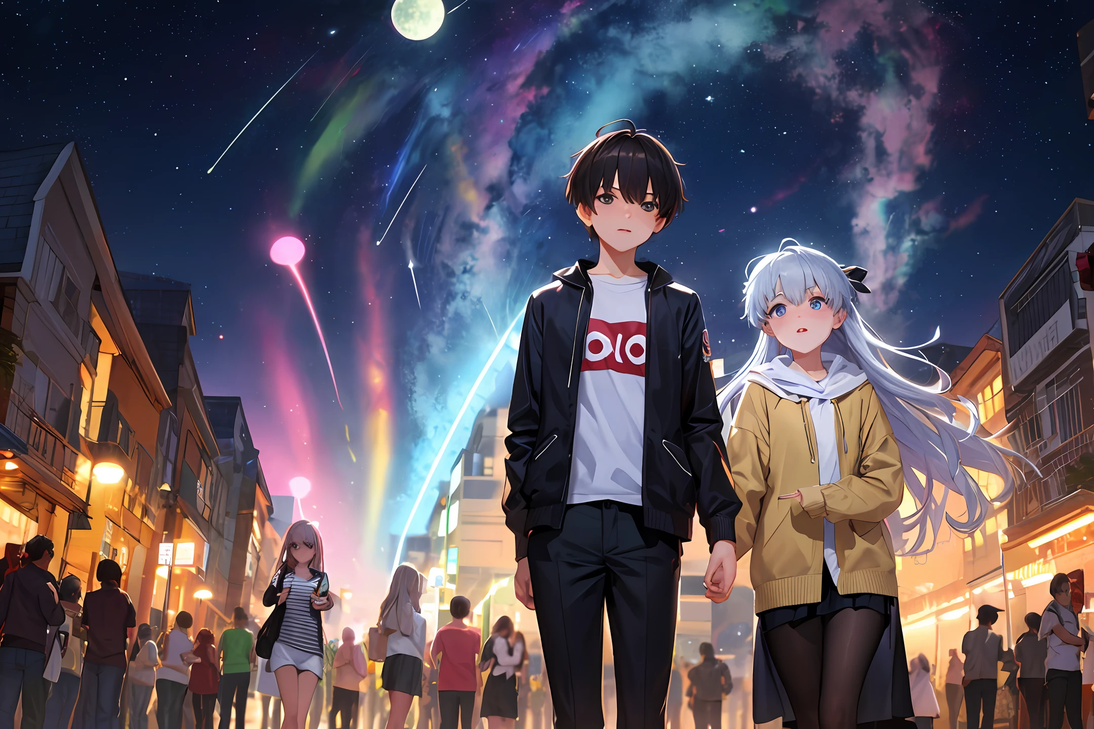 Imagem ultra HD 8k, um jovem e uma jovem apaixonados em frente a uma lua cheia, in a romantic environment of harmony (tamanho da imagem 3000x3000)
