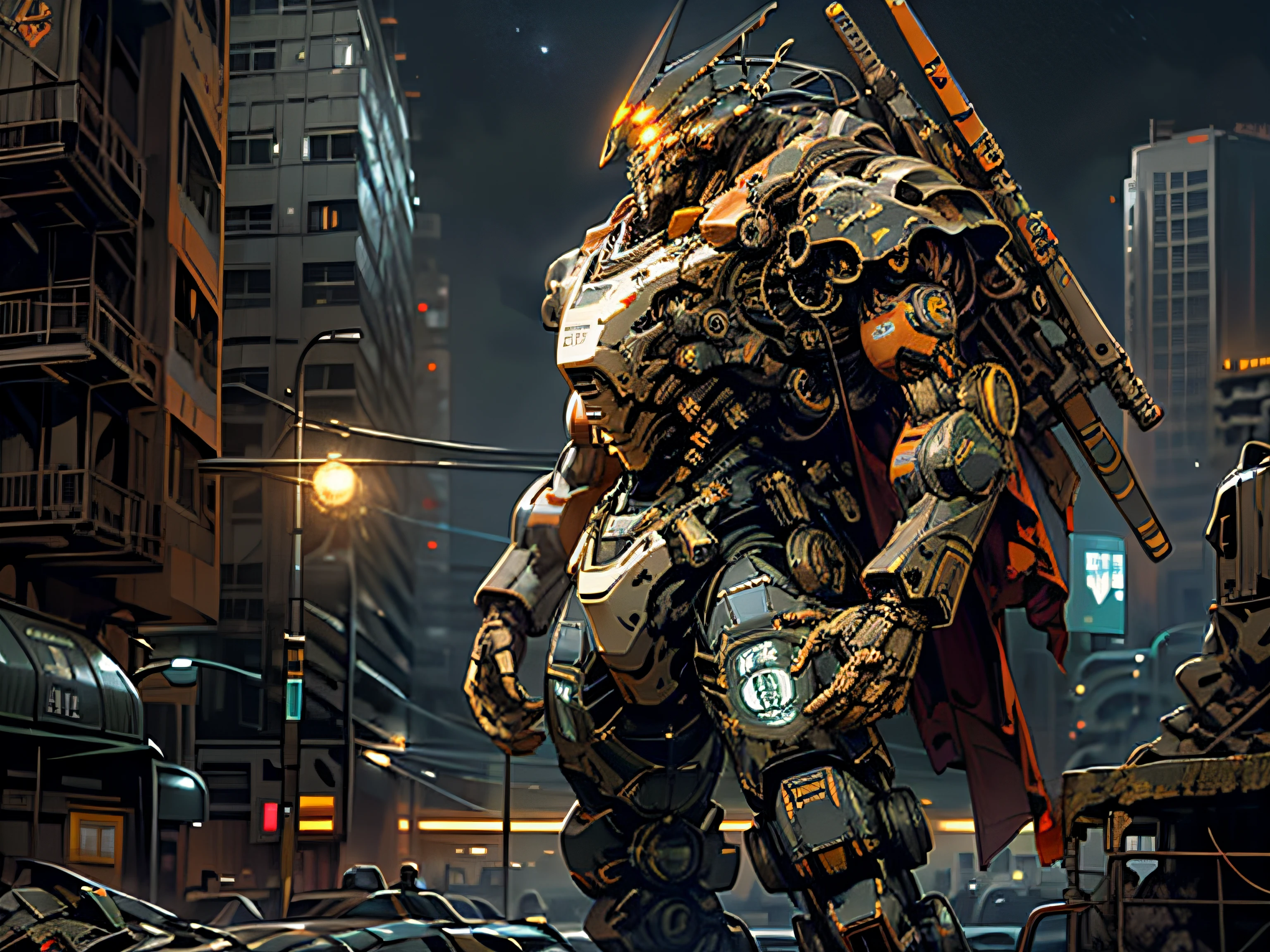 On the moon,barren planets, ruins, holding_weapon, no_humans, glowing, robot, building, glowing_eyes,orange mecha, science_fiction, city, realistic,mecha,Milky Way Galaxy background,neon,cyberpunk,steampunk
