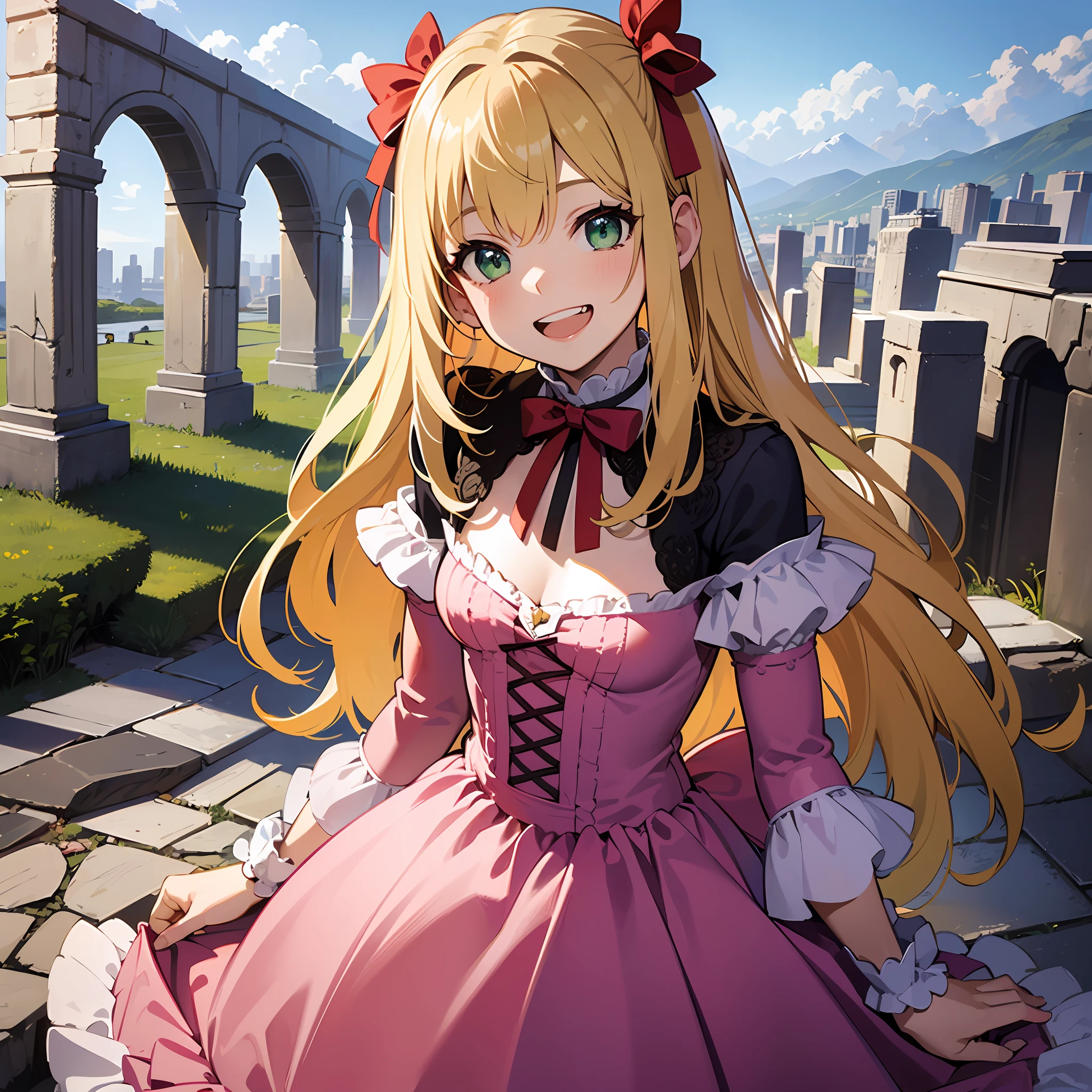 (masterpiece:1.3), (best quality:1.3), high resolution, 


couboy shot, 
leaning forward, body facing forward, 

(one cute girl:1.3), solo, 
white skin, small Breast, eight-headed person, 
light yellow hair, long hair, red ribbon, fluffy hair, beautiful hair, green eyes, beautiful detailed eyes, 

open mouth, grin, cheerful smile, 

frilled dress, pink dresses, 

outdoors, historic ruins, 

shadowlighting,