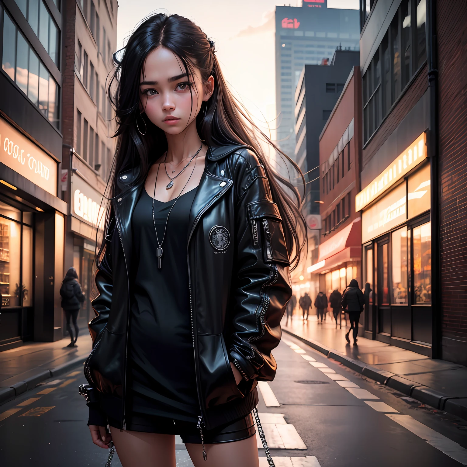 girl,wide angel shot,half body,long hair,sweet face,black jacket,golen chain necklace,urban background,cyber style,4k,insane details,HDR,raw photo. --auto