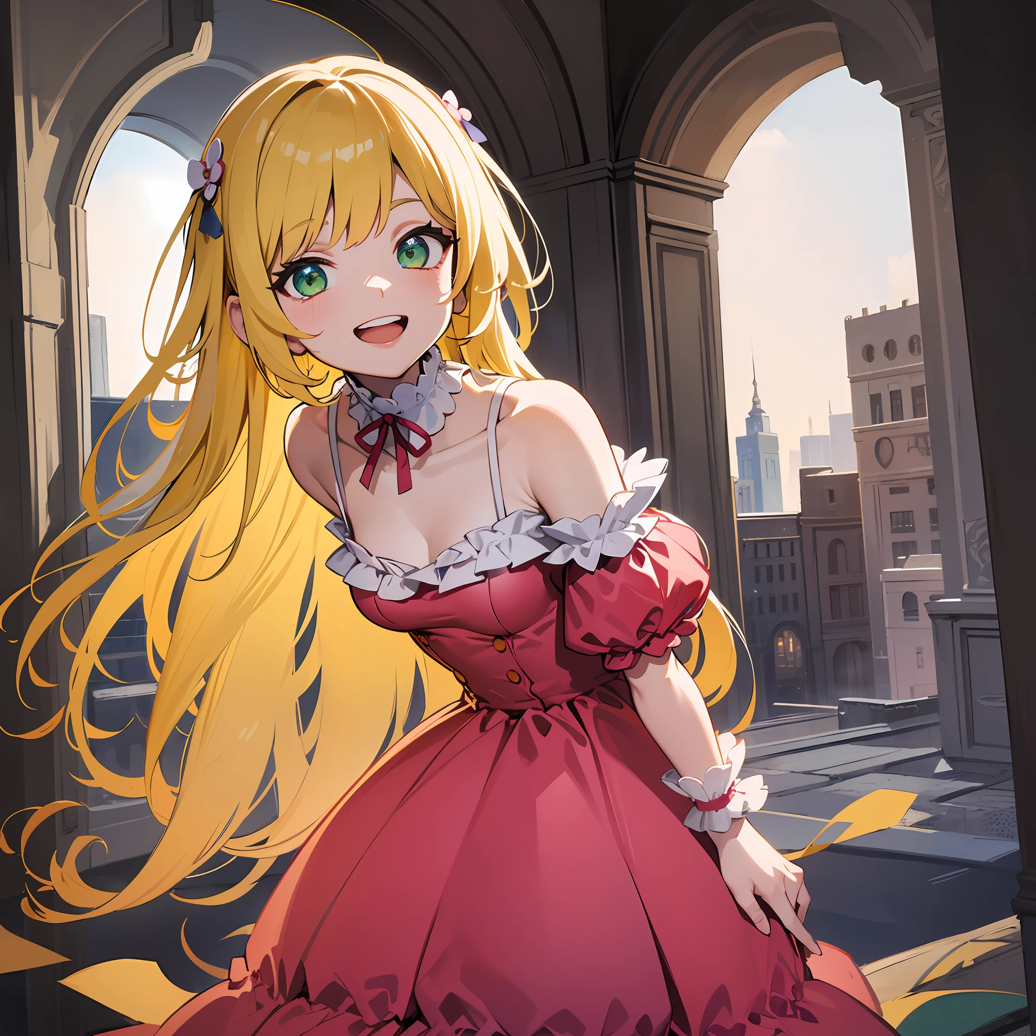 (masterpiece:1.3), (best quality:1.3), high resolution, 


couboy shot, 
leaning forward, body facing forward, 

(one cute girl:1.3), solo, 
white skin, small Breast, eight-headed person, 
light yellow hair, long hair, red ribbon, fluffy hair, beautiful hair, green eyes, beautiful detailed eyes, 

open mouth, grin, cheerful smile, 

frilled dress, pink dresses, 

outdoors, historic ruins, 

shadowlighting,