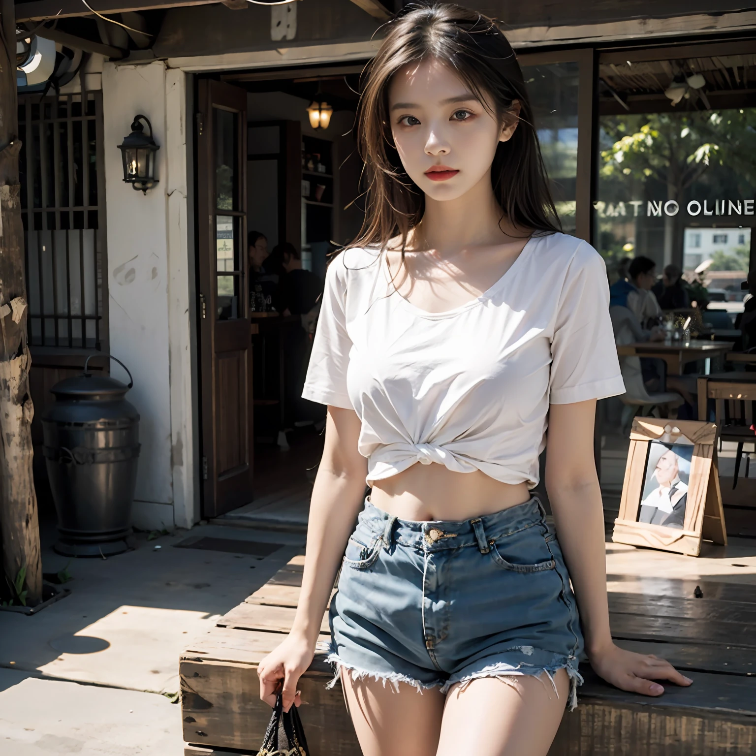 best qualtiy，tmasterpiece，超高分辨率，（realisticlying：1.4），RAW photogr，（Evening street），（1个Giant Breast Girl），黑The eye，long whitr hair，Light makeup，cparted lips，（ Huge breasts：1.6），tiny ears，tee shirt，Bigchest，Big breasts Thin waist，Manteau，denim short，long leges，（Beautiful Women with Perfect Figure:1.4）, , （exteriors，beachside：1.1），the city street，Ultra-fine face，Fine eyes，二重まぶた ， Solo,The eyes are melancholy，fully body photo，Cowboy shot, in a panoramic view,
