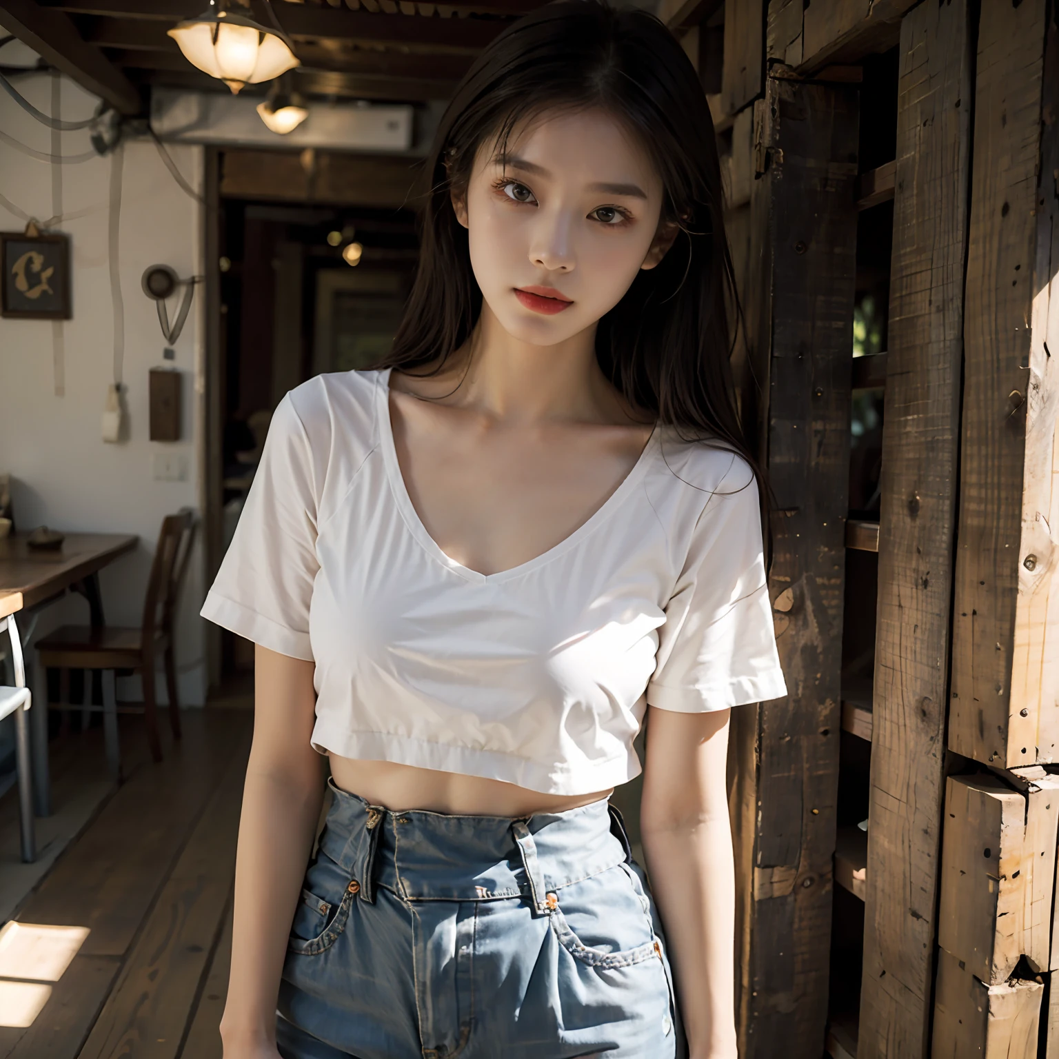 best qualtiy,tmasterpiece,超高分辨率,(realisticlying:1.4),RAW photogr,(Evening street),(1个Giant Breast Girl),黑The eye,long whitr hair,Light makeup,cparted lips,( Huge breasts:1.6),tiny ears,tee shirt,Bigchest,Big breasts Thin waist,Manteau,denim short,long leges,(Beautiful Women with Perfect Figure:1.4), , (exteriors,beachside:1.1),the city street,Ultra-fine face,Fine eyes,二重まぶた , Solo,The eyes are melancholy,fully body photo,Cowboy shot, in a panoramic view,