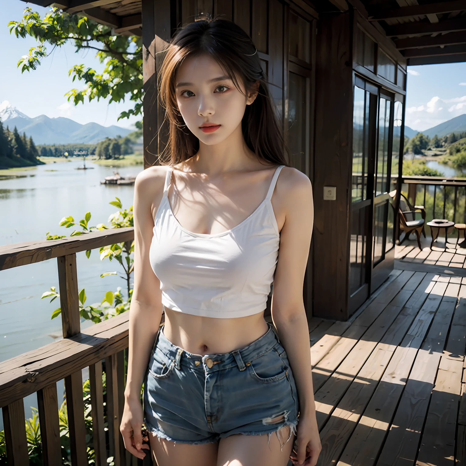 best qualtiy,tmasterpiece,超高分辨率,(realisticlying:1.4),RAW photogr,(Evening street),(1个Giant Breast Girl),黑The eye,long whitr hair,Light makeup,cparted lips,( Huge breasts:1.6),tiny ears,tee shirt,Bigchest,Big breasts Thin waist,Manteau,denim short,long leges,(Beautiful Women with Perfect Figure:1.4), , (exteriors,beachside:1.1),the city street,Ultra-fine face,Fine eyes,二重まぶた , Solo,The eyes are melancholy,fully body photo,Cowboy shot, in a panoramic view,