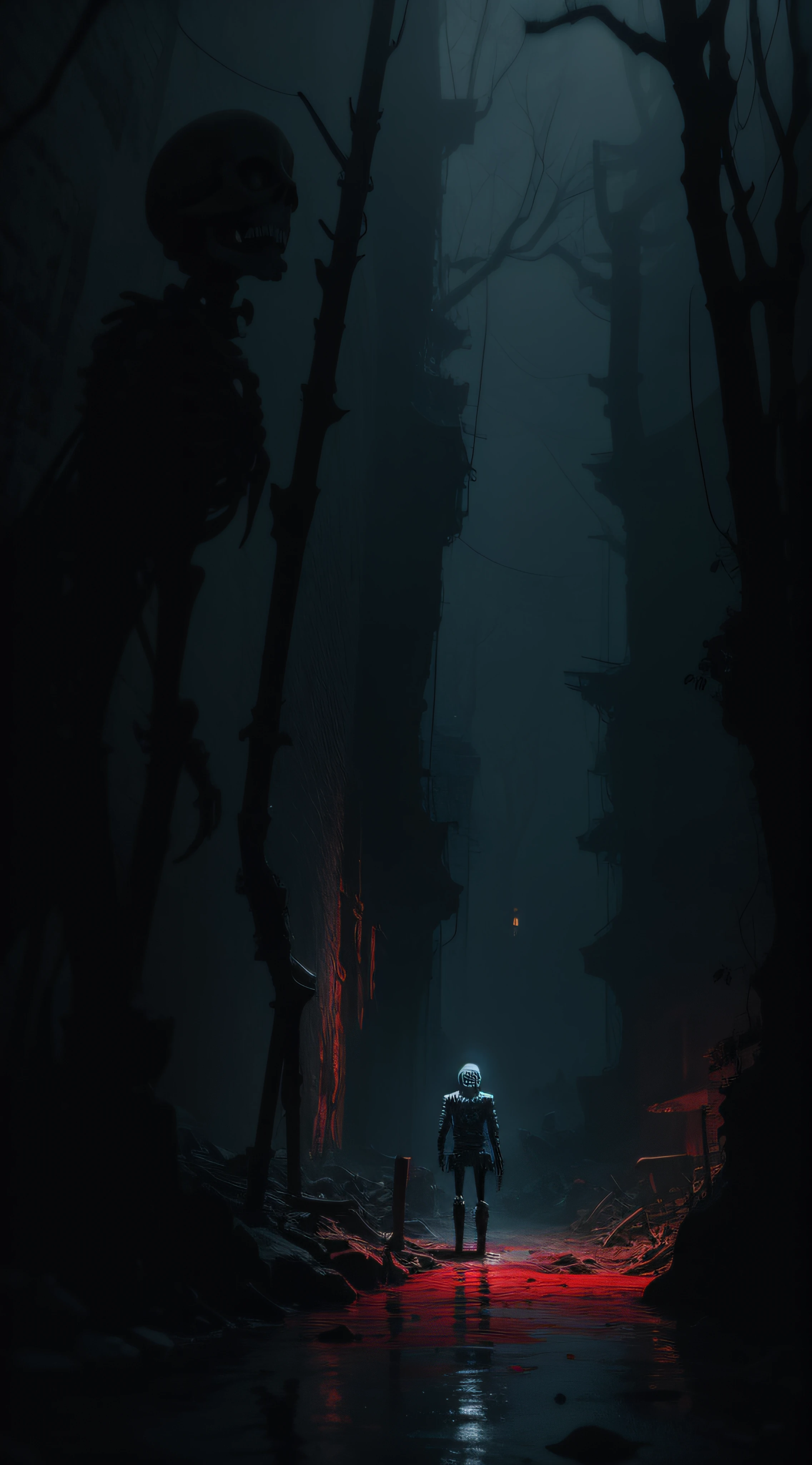 dystopian,Zdzisław Beksiński style,Black Skull Cave,Rained,up-close,Grandiose scenes,Marvel at the scene,Black metal skeleton zombie man,Wide shot, From below, From behind, Dutch angle,Blood flow,Scary atmosphere,Spooky atmosphere,MuCoi,Ultra-wide angle, Sony FE GM,Rivers of blood flow,River of blood,The skeleton bleeds,Bleeding from the eye socket bone,Bleeding from the bones of the mouth,Bleeding from the bones of the nostrils