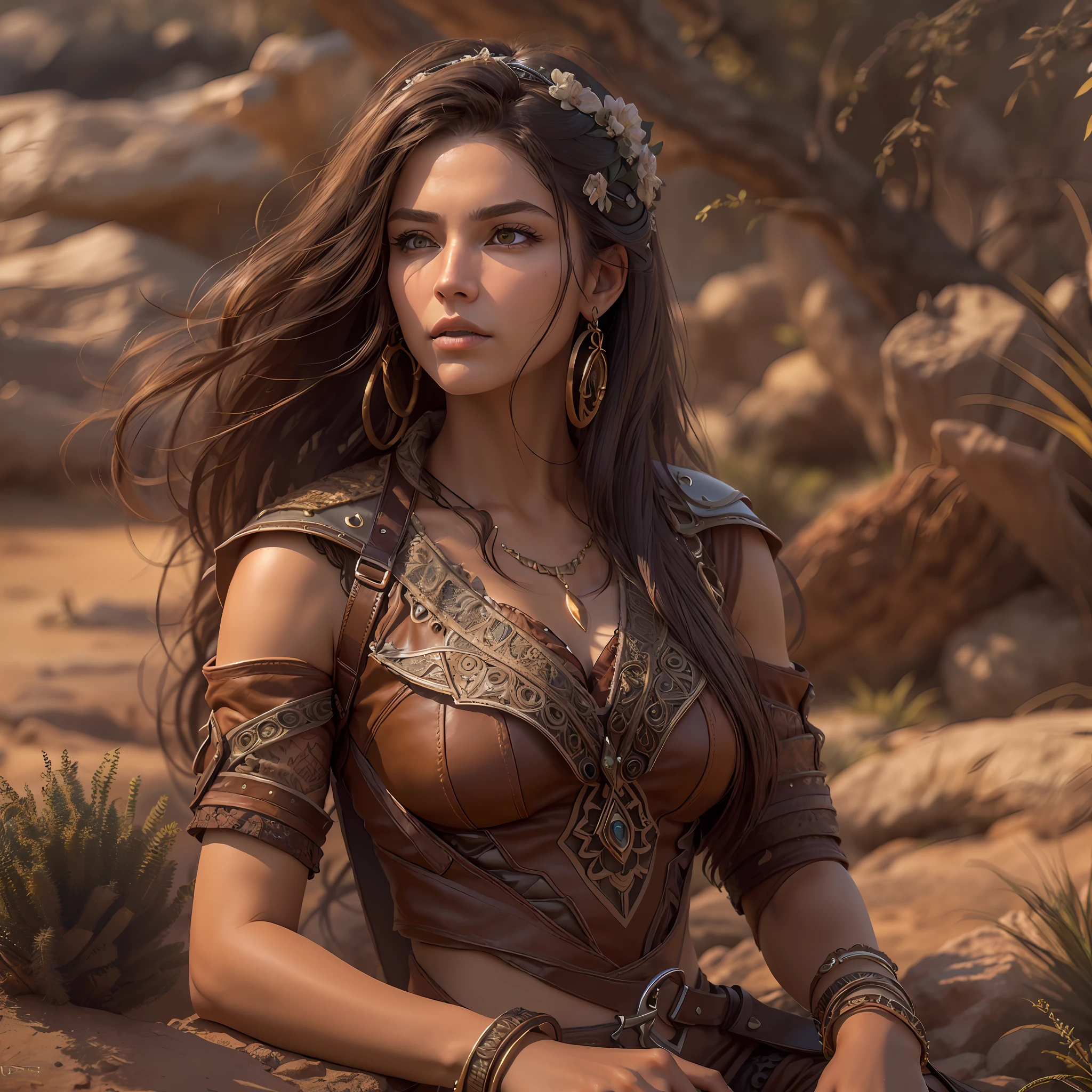 high details, best quality, 8k, [ultra detailed], masterpiece, best quality, (extremely detailed), dynamic angle, ultra wide shot, RAW, photorealistic, fantasy art, realistic art, a wide angle picture of a female human druid, knelling (1.5 intricate details, Masterpiece, best quality) talking to a cougar (1.5 intricate details, Masterpiece, best quality) in desert (1.5 intricate details, Masterpiece, best quality),  a female  wearing leather clothes (1.4 intricate details, Masterpiece, best quality), leather boots, thick hair, long hair, brown hair, tan skin intense brown eyes, desert background (intense details), a stream flowing in an oasis (1.4 intricate details, Masterpiece, best quality), sun light, dynamic light. dynamic angle, (1.4 intricate details, Masterpiece, best quality) 3D rendering, high details, best quality, highres, ultra wide angle