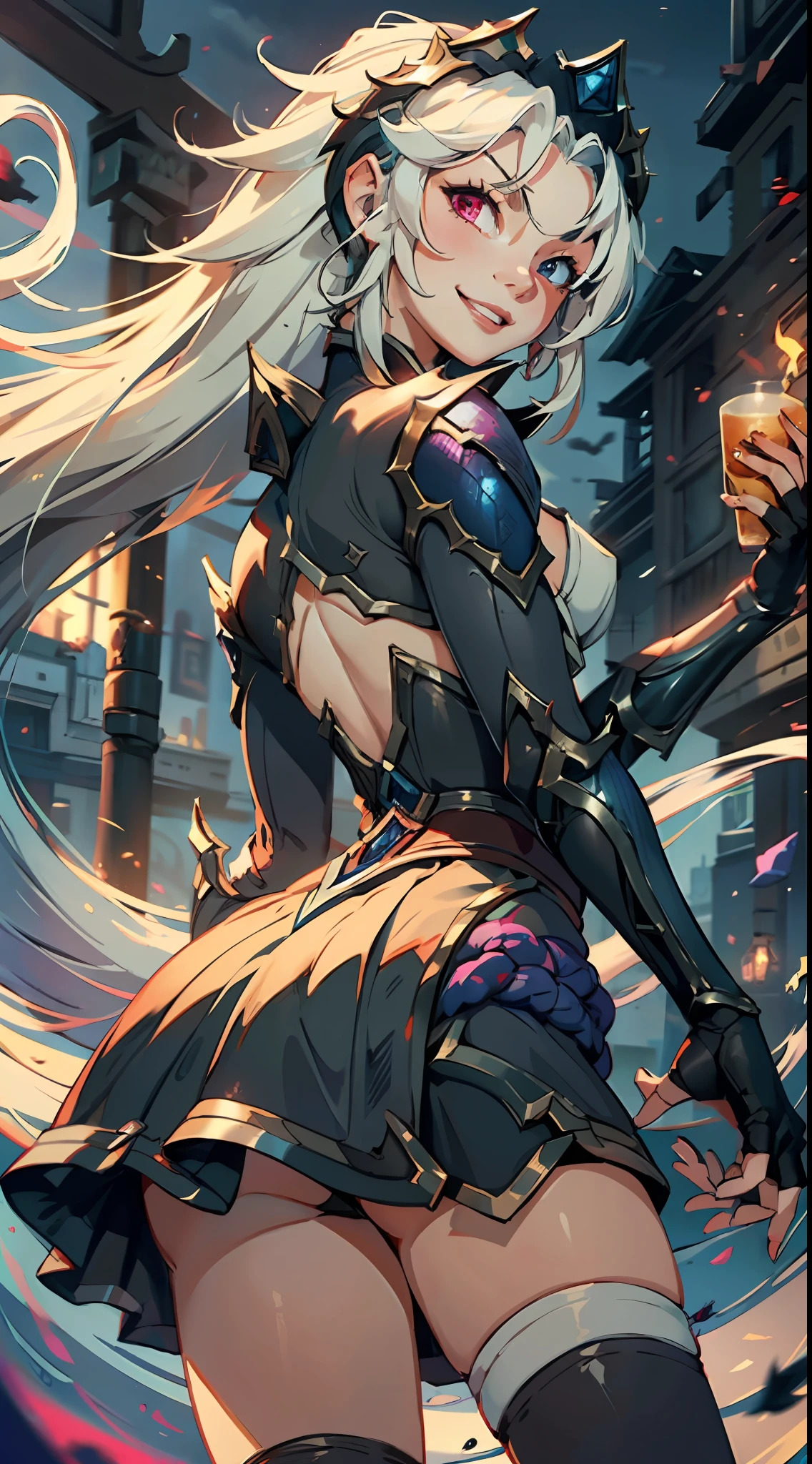 League of Legends, Zoe, 1 Girl, Heterochromia, Heterochromia, Short Skirt, Black Dress, Pantyhose, Very Long Hair, Fingerless Gloves, Smile, Shut Up, Upper Body, Porter Trait, Short Build, Back to Spectator, Looking Back