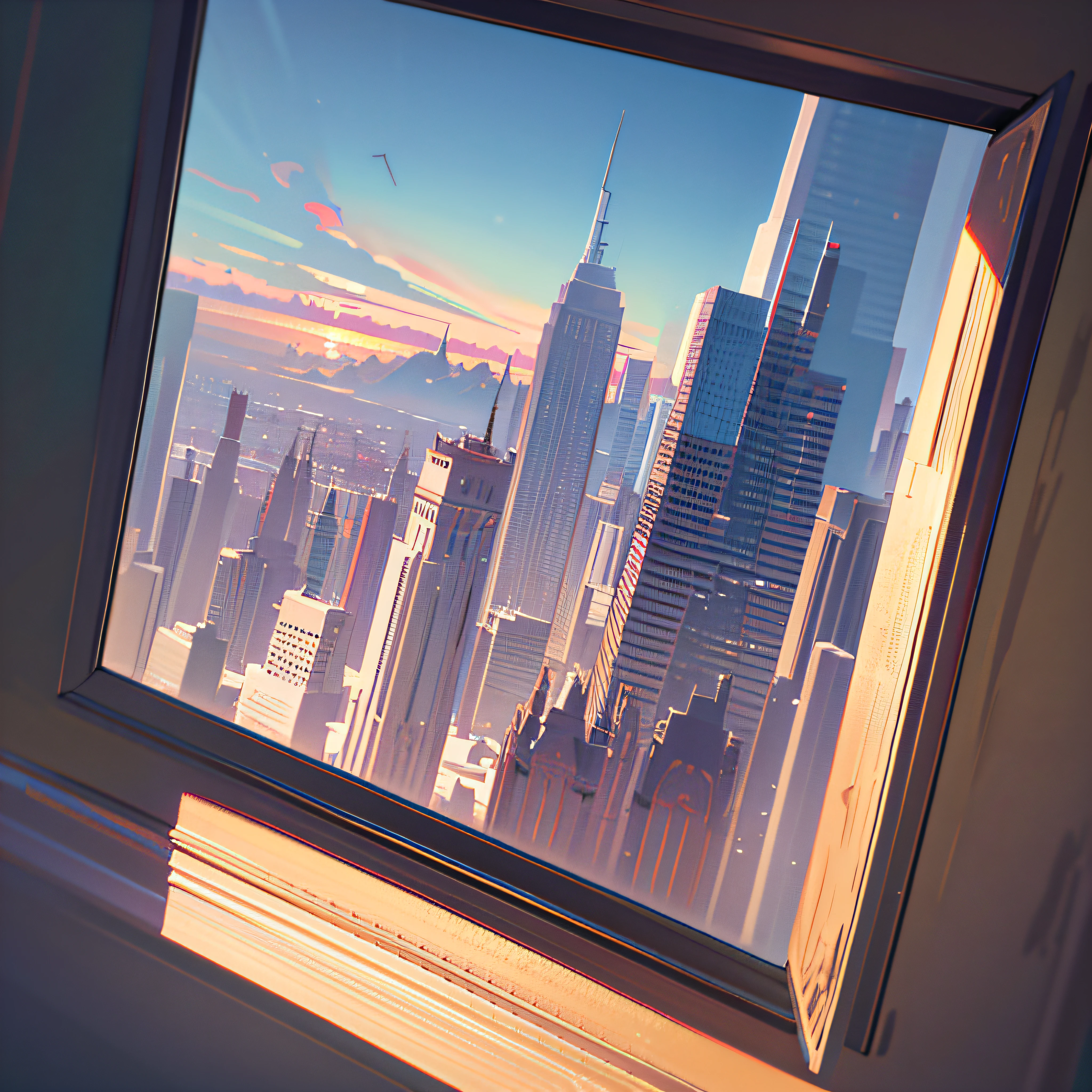 Masterpiece, best quality, ultra highres, extremely detailed CG, 8k wallpaper, (god view:1.4), cityscape background, building, illustration, day, sky, (back view), from behind, (from above, dynamic angle:1.2),