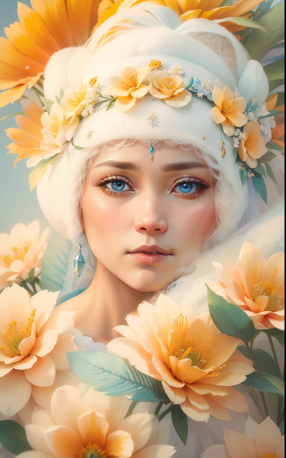 Beautiful detailed frost frost frosty misty mystical Hawaiian blue magenta orange yellow winter queen soft many Hawaiian flowers hyperdetailed portrait 8k Leonardo da Vinci --auto