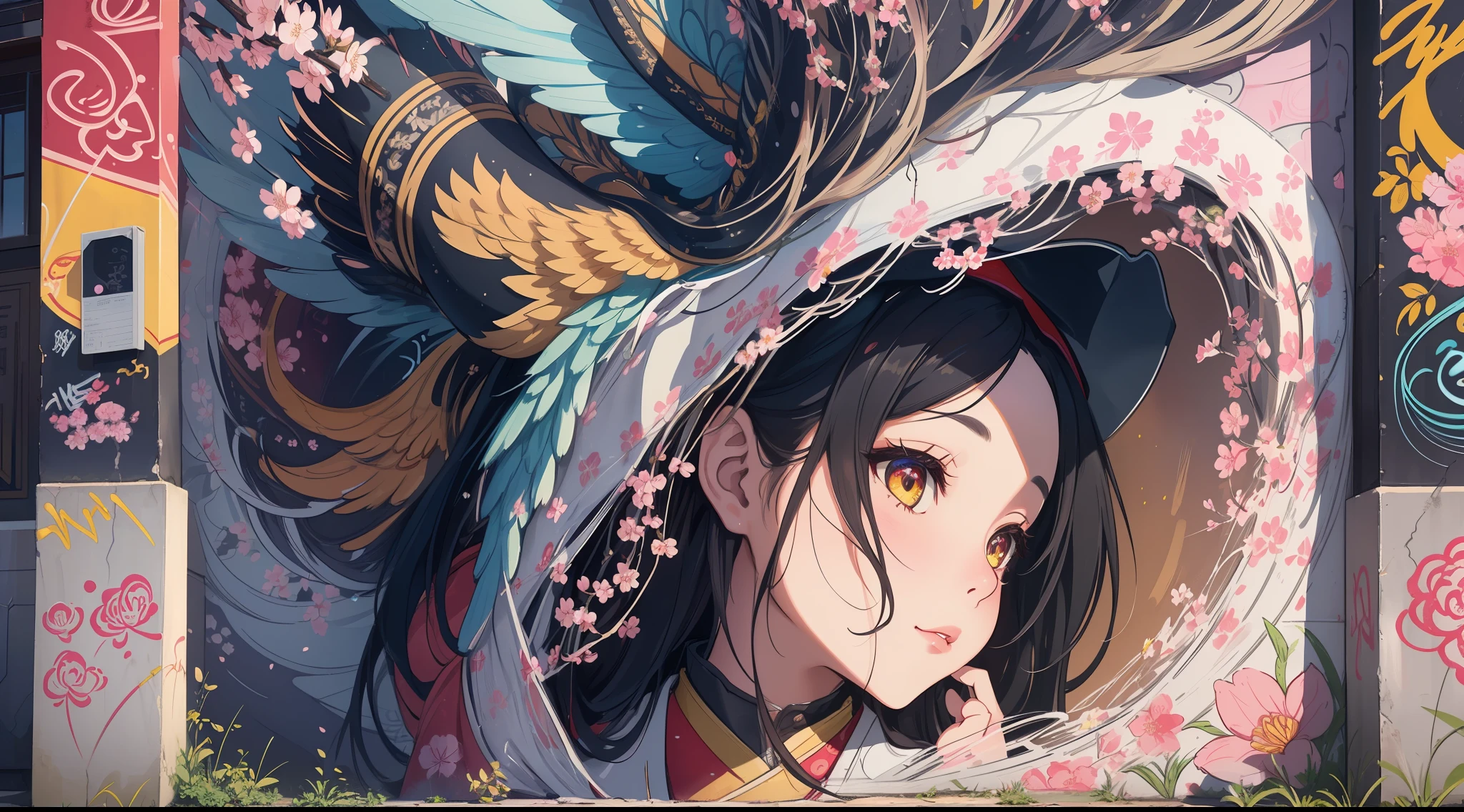 A highly detailed picture of graffiti, beautiful colors, intricate patterns, sakura bloom symbolism, kitsune undressing, ((detailed background, detailed graffitti wall)), photorealistic, colorful, viewed from front, low angle view, digital art, highly detailed, fine detail, intricate, ornate, complex, octane render, unreal engine, photorealistic, 8k, 16k,