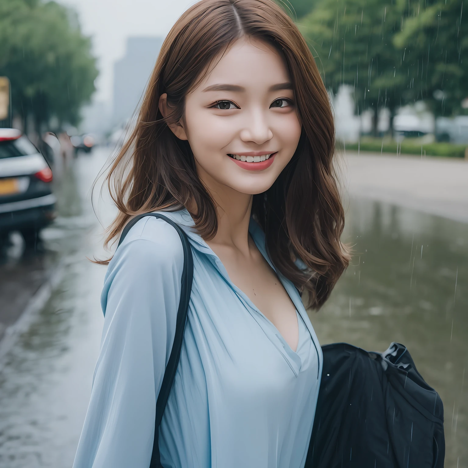 ((Best Quality, 8K, Masterpiece:1.3)), Focus: 1.2, Perfect Body Beauty: 1.4, Buttocks: 1.2, ((Layered Haircut, Breasts: 1.2)), (Wet Clothes: 1.1), (Rain, Street:1.3), Bandeau Dress: 1.1, Highly Detailed Face and Skin Texture, Fine Eyes, Double Eyelids, Whitening Skin, Long Hair, (Shut Up: 1.3), Smile
