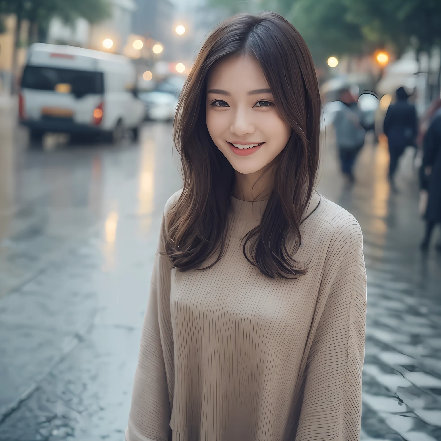 ((Best Quality, 8K, Masterpiece:1.3)), Focus: 1.2, Perfect Body Beauty: 1.4, Buttocks: 1.2, ((Layered Haircut, Breasts: 1.2)), (Wet Clothes: 1.1), (Rain, Street:1.3), Bandeau Dress: 1.1, Highly Detailed Face and Skin Texture, Fine Eyes, Double Eyelids, Whitening Skin, Long Hair, (Shut Up: 1.3), Smile