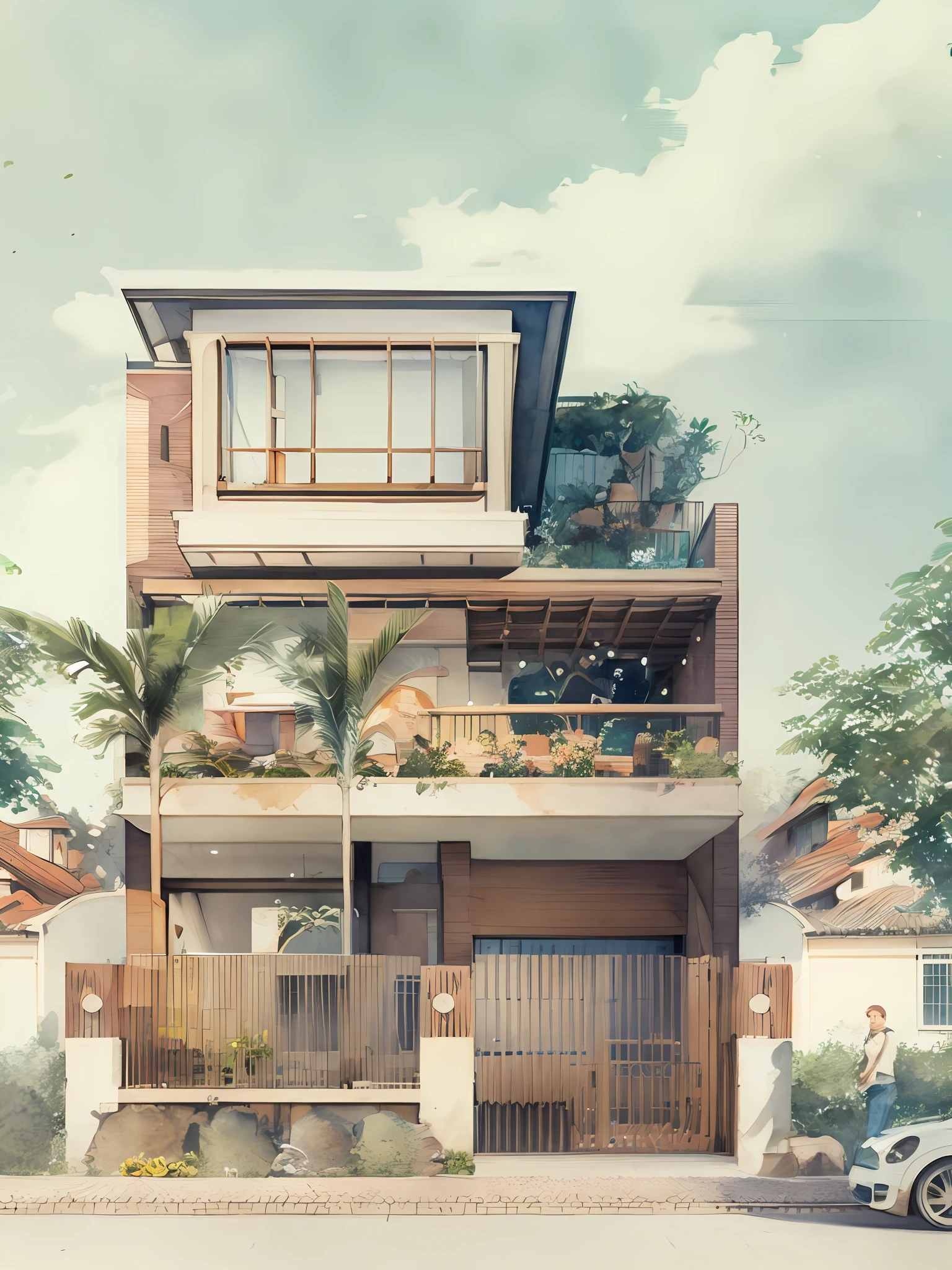 miaobishenghua  , architecture building, house, trees, watercolor style
