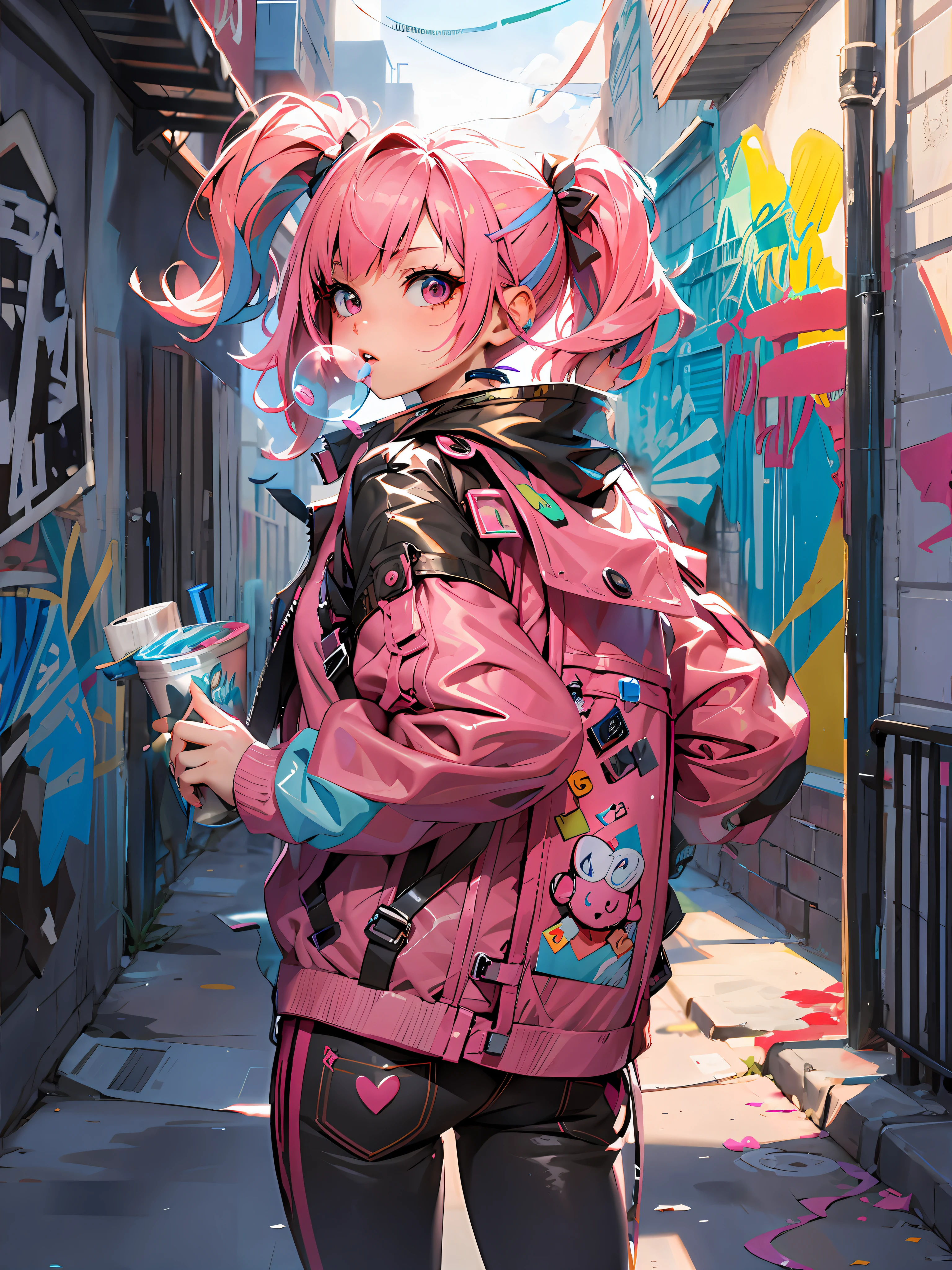 Back alley, street graffiti on walls, splattered paint, cyber style
