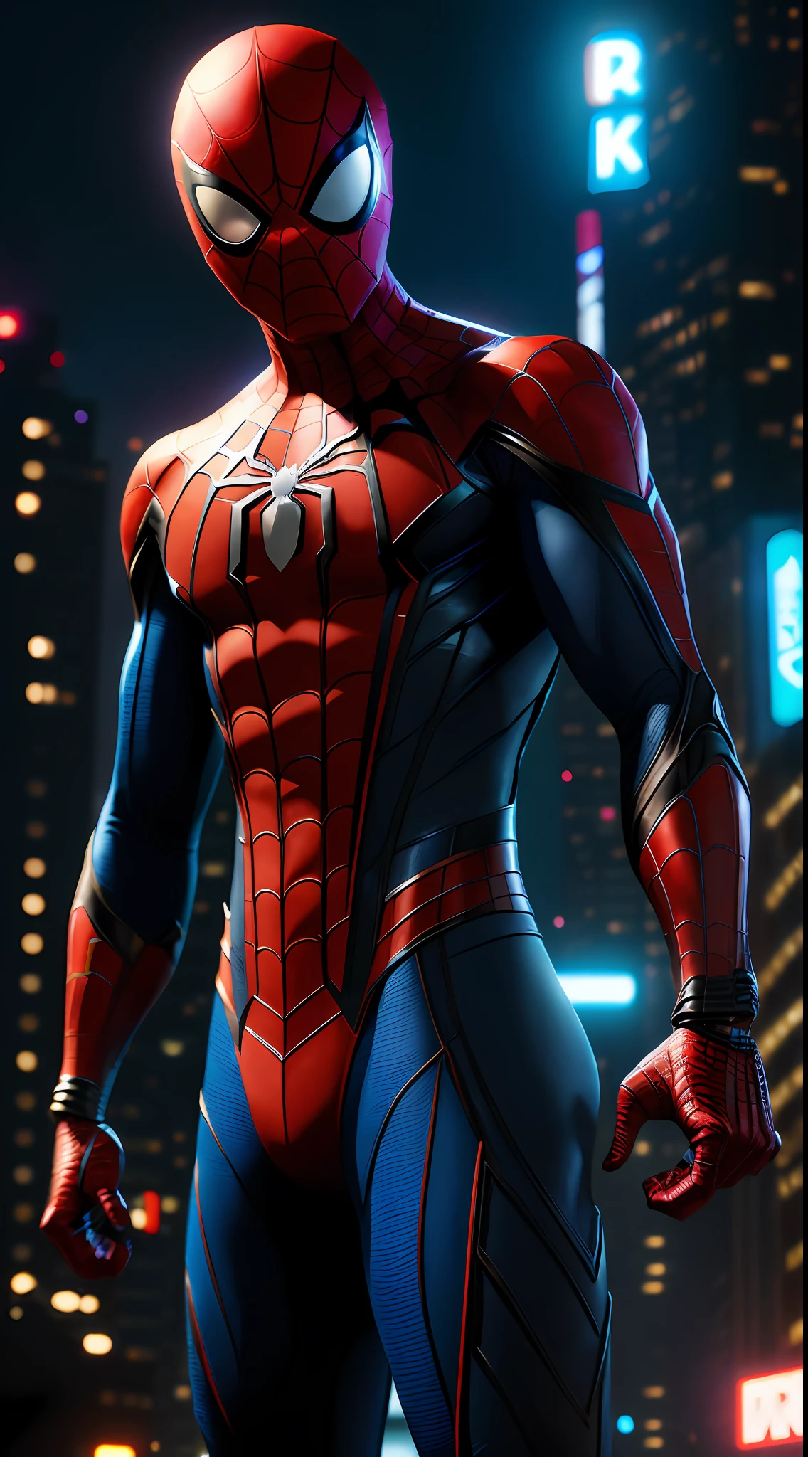 Spider-Man из Marvel Comics, perfect_hand, (8k, RAW photo, best quality, masterpiece:1.2), (realistic, photo-realistic:1.4), (extremely detailed CG unity 8k wallpaper),full body, (neon lights), machop, mechanical arms, hanfu, Chinese clothes, dress, pretty face,(dark shot:1.1), epic realistic,