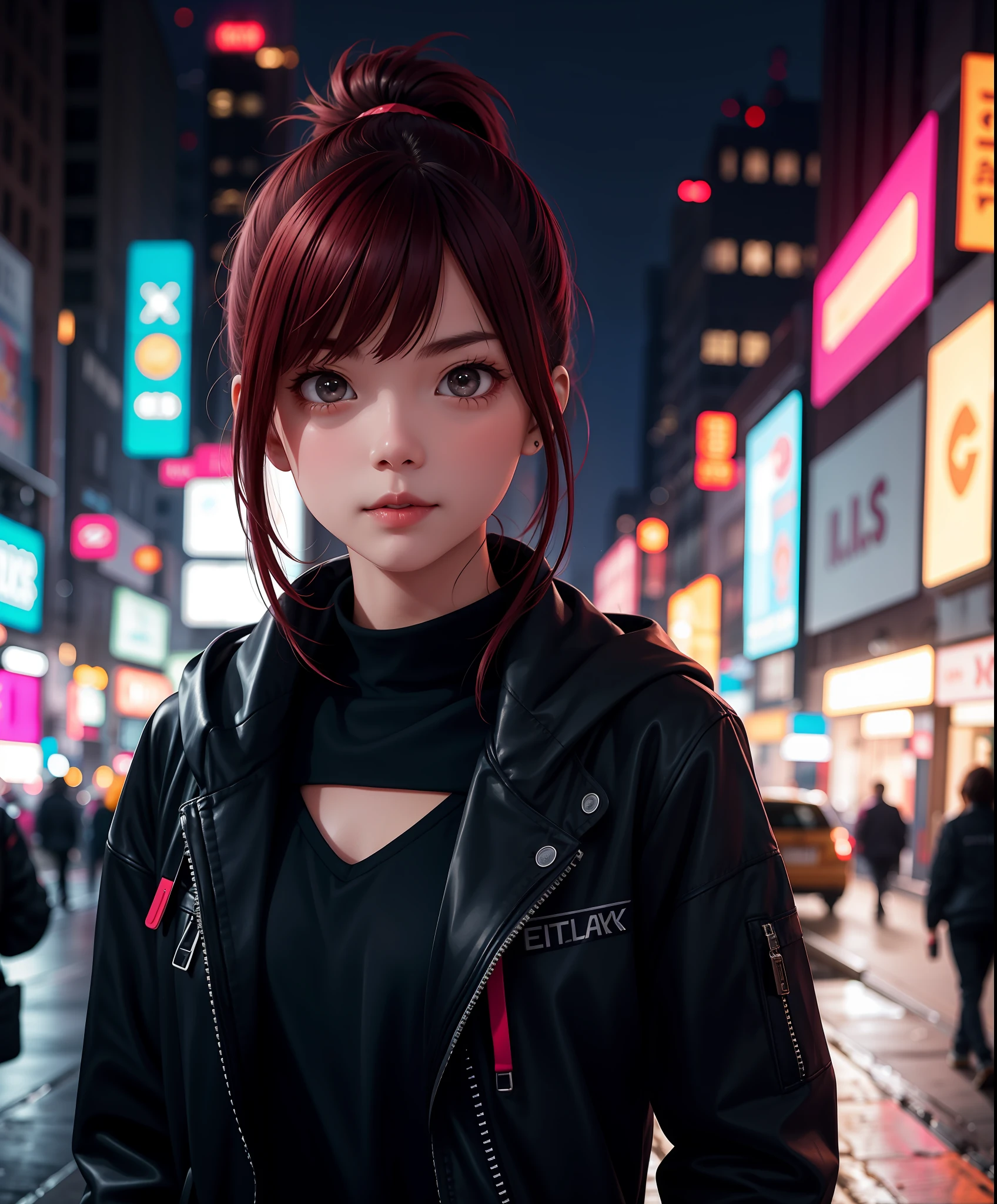 1girl, looking at viewer, walking on the street, night, bokeh, upper body, cyberpunk, face focus