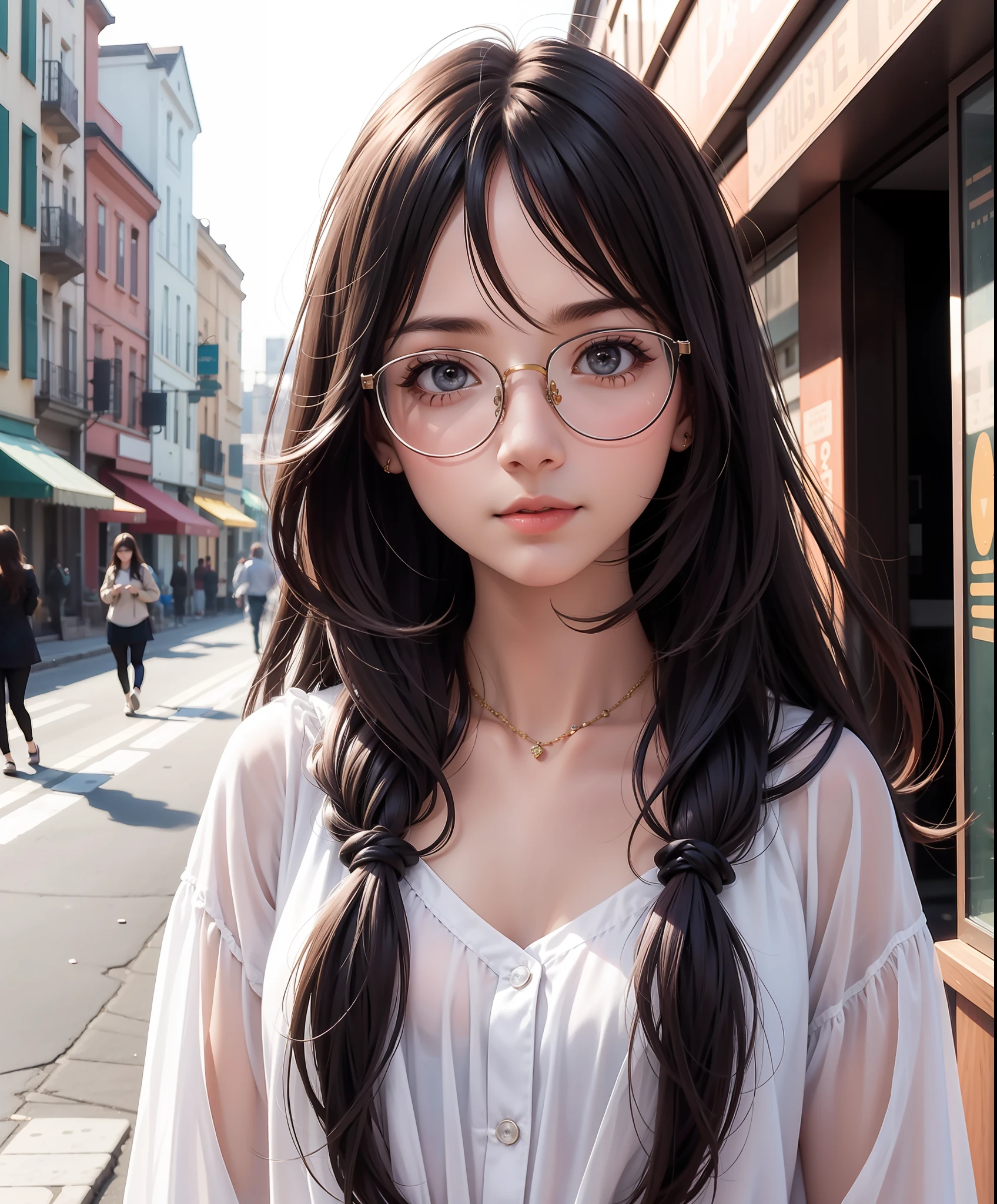 , 1girl, potrait, jewelly, face focus, looking at viewer, walking on the street, long hair, glasses