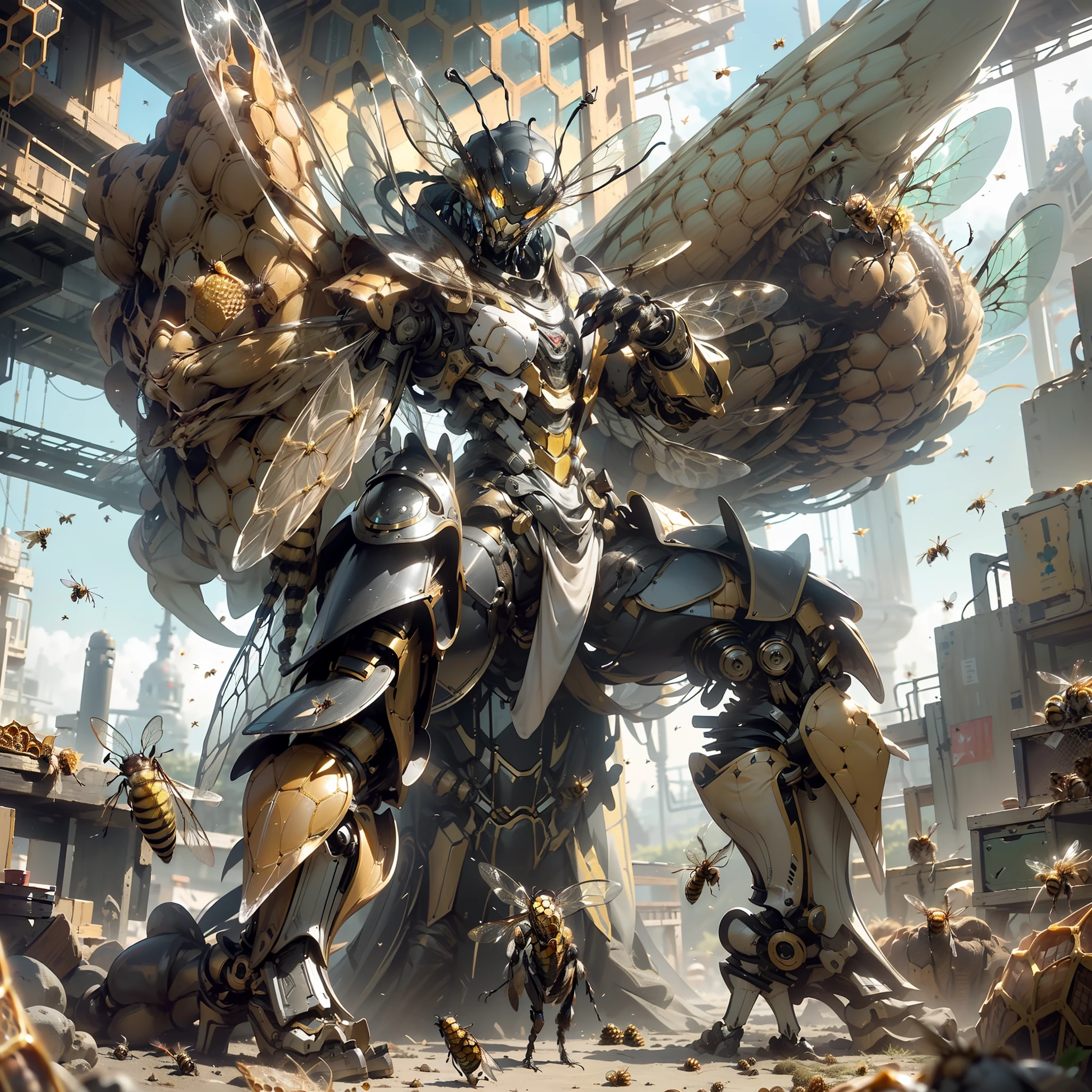 UHD, retina, anatomically correct, textured skin, super detail, best quality, highres,A giant robot,Giant monsters,personification,solo,(Fantasy composition:1.3),(Mechanical insects,/(honeybee):1.2)/),queen bee,((Hexagonal kingdom/(honeycomb:1.3)/),High-tech round shield,The shield has a hexagonal pattern,Stable engine,A conduction line that emits golden light,mechanicalparts,Hydraulic rod,LCD screen,((Arthropod-like structure:1.3)),Mechanical limb,robotic hand,mechanical leg,(Bionic technology/(The paws of birds and the exoskeletons of insects:1.3)/),cyber punk style,Futuristic machinery