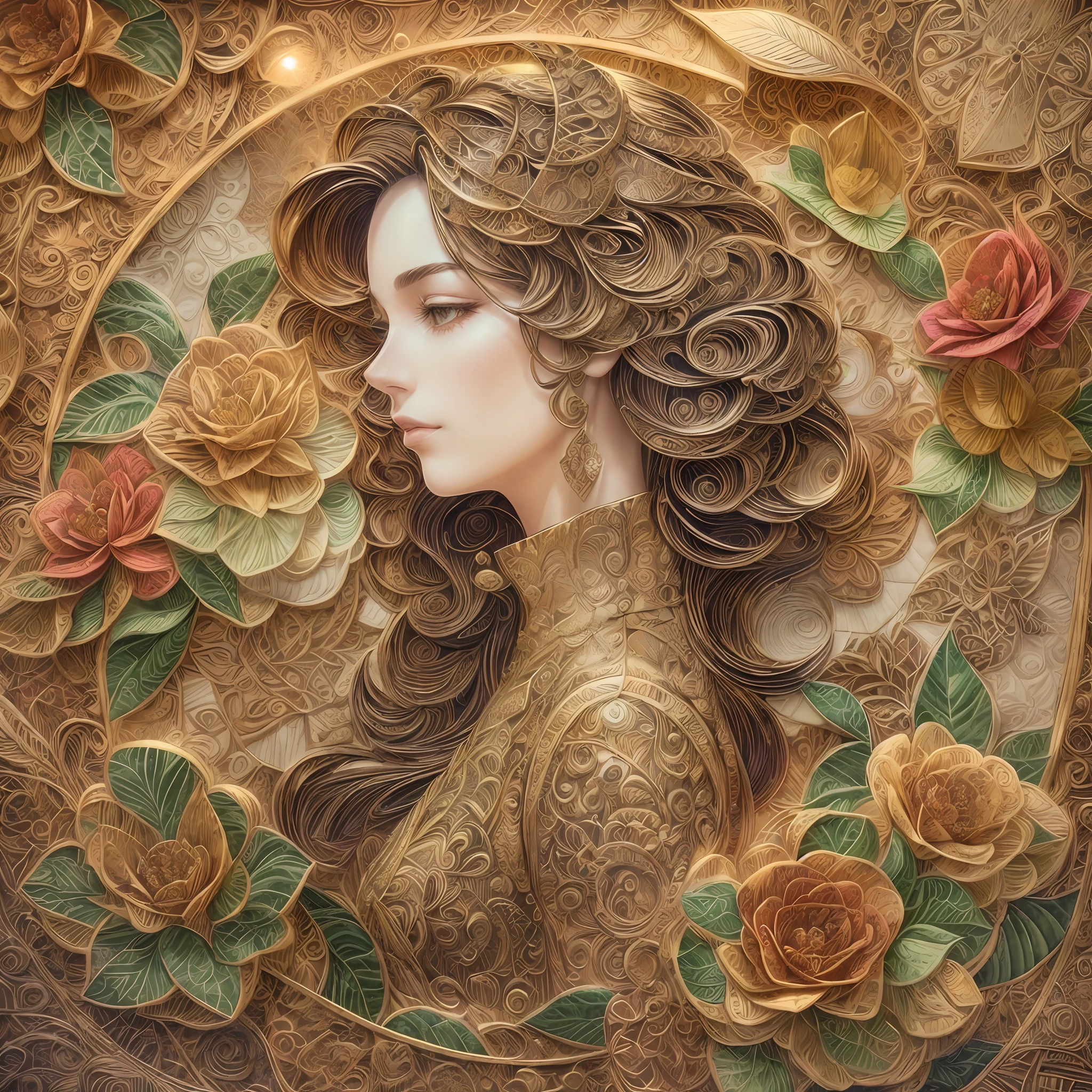 (Gold engraving:1.5),(The silhouette of a beautiful woman,Colorful camellias),gold background,(paper art, Quilted paper art:1.2, geomerty:1.1, zentangle,a 3D render), (extremely colorful, Best quality, Detailed details, Masterpiece, offcial art, movie light effect, 4K)