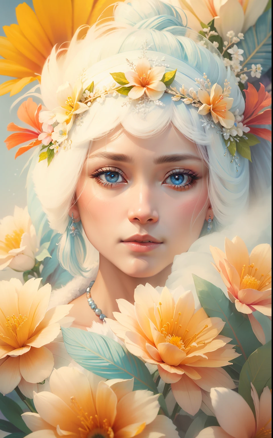 Beautiful detailed frost frost frosty misty mystical Hawaiian blue magenta orange yellow winter queen soft many Hawaiian flowers hyperdetailed portrait 8k Leonardo da Vinci --auto