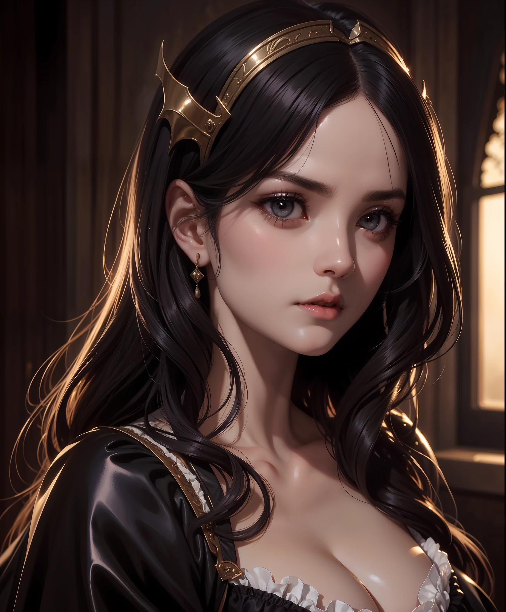 dusk, moody, gloomy, intimate close up portrait of a beautiful vampire princess, perfect shiny ivory skin, flushed, smoldering eyes, (perfect face), cleavage, shiny long black hair, frills, (Albert Lynch), J. C. Leyendecker, Ruan Jia, Gaston Bussiere, Alexandre Cabanel, WLOP, best quality