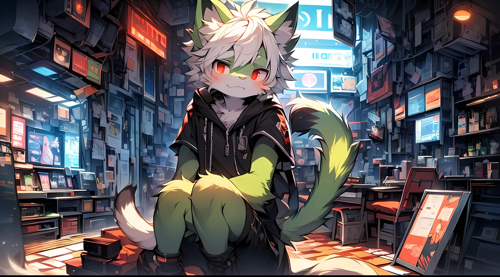 masterpiece, highres, 8k, detailed background, high quality, ((solo cute catboy,green body,green fur,white hair,red eyes,cat tail,feline paws, fluffy hand, detailed fur,detailed eyes)),male,black coat,black shorts,depressed face,blushed face, light in the eyes,cyberpunk background