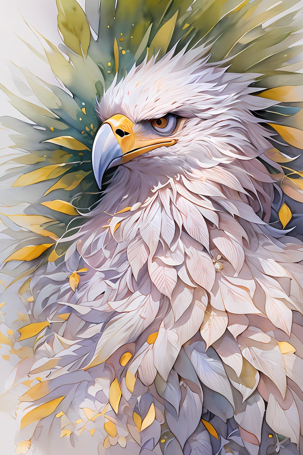 ( watercolor \(medium\), IrisCompiet:1.2),side view of a eagle with long beak, face focus, abstract background, fantasy, many colors, colorful, flower petals, wind blowing,masterpiece, best quality, (extremely detailed CG unity 8k wallpaper), (best quality), (best illustration), (best shadow), absurdres, realistic lighting, (Abyss), beautiful detailed glow,clear face, clean white background, masterpiece, super detail, epic composition, ultra HD, high quality, extremely detailed, official art, uniform 8k wallpaper, super detail, 32k -- v 6