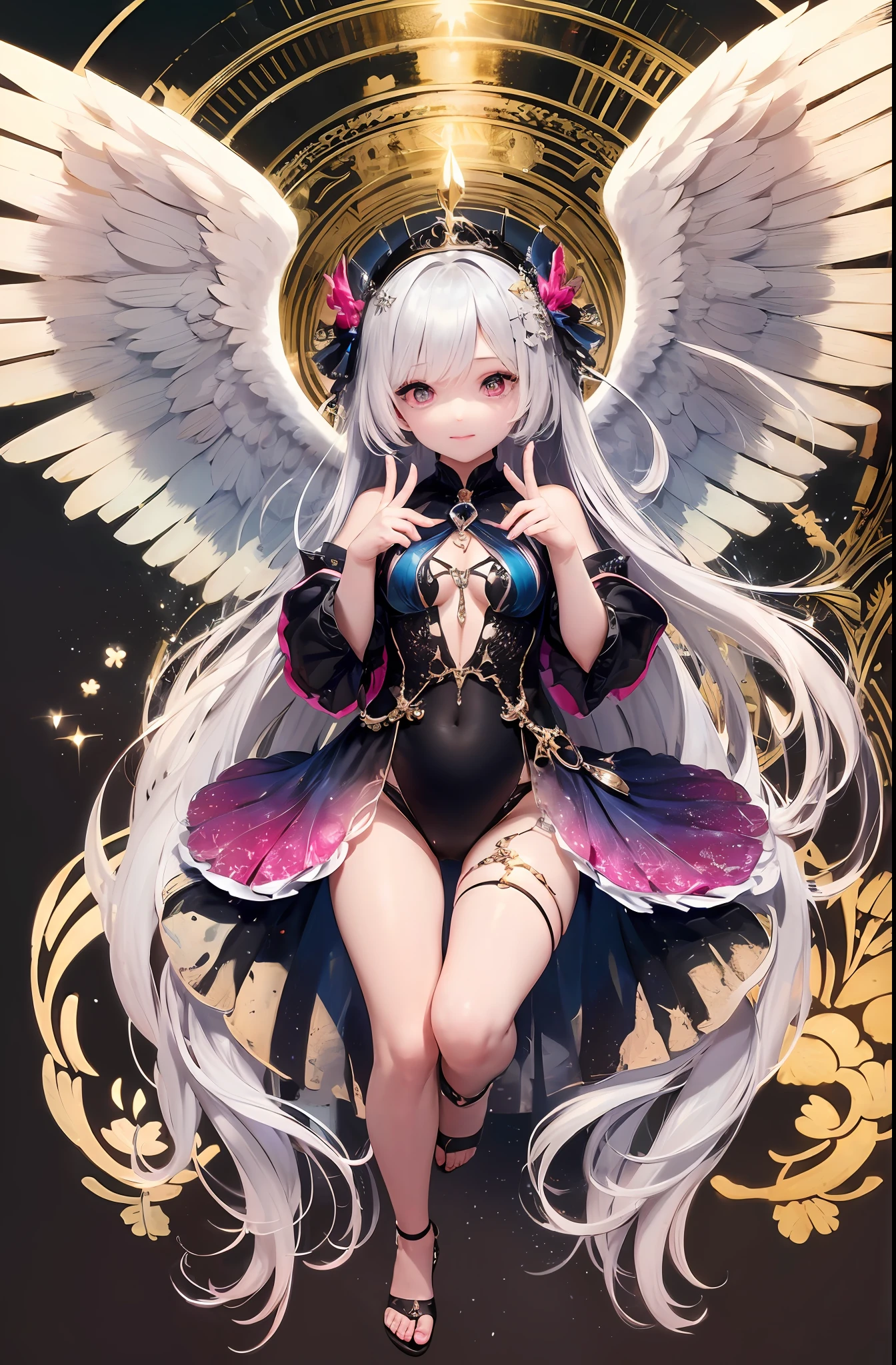 (Chibi: 1.2), (Masterpiece: 1.4), (Best Quality: 1.4), (Very Cute Angel Girl, Super Detailed Face, Jewel-like Eyes, White Very Long Hair, Colorful Gradient Hair: 1.4), (Angel Ring:
1.4), (Angel Wings: 1.4), (Full body, perfect 2 arms, perfect 2 legs: 1.4), (Perfect 4 fingers: 1 thumb), light, shine, bokeh, super fine