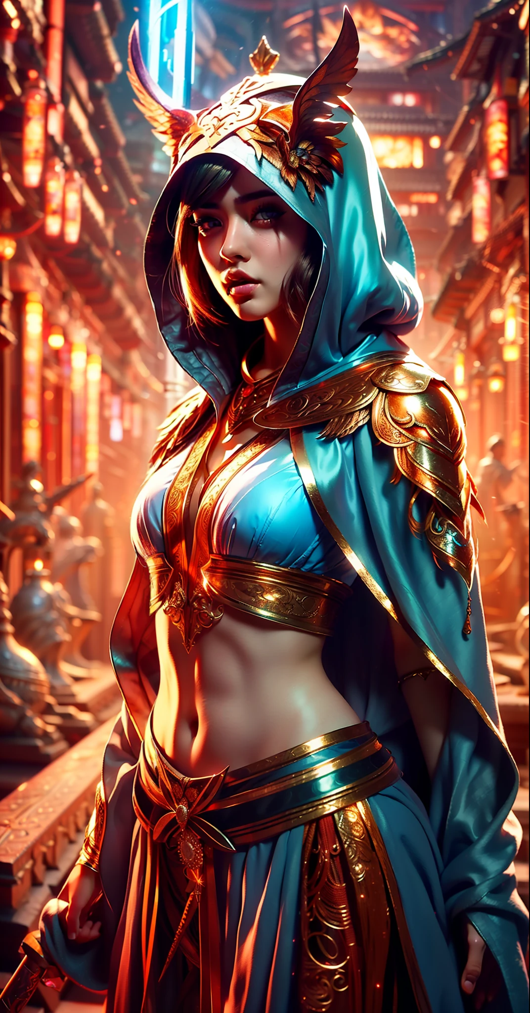 ((Masterpiece))), ((Best Quality))), ((Ultra Detailed)), (Surreal), (Highly Detailed CG Illustration), Cinematic Light, Realistic, Very Beautiful Young Lady,Sexy, Light Makeup,, Intricate Details EABA, Red Cloak, Spear