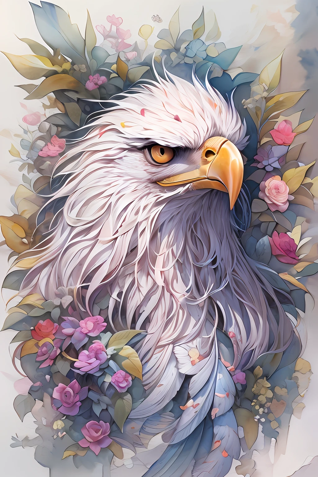 ( watercolor \(medium\), IrisCompiet:1.2),side view of a eagle with long beak, face focus, abstract background, fantasy, many colors, colorful, flower petals, wind blowing,masterpiece, best quality, (extremely detailed CG unity 8k wallpaper), (best quality), (best illustration), (best shadow), absurdres, realistic lighting, (Abyss), beautiful detailed glow,clear face, clean white background, masterpiece, super detail, epic composition, ultra HD, high quality, extremely detailed, official art, uniform 8k wallpaper, super detail, 32k -- v 6