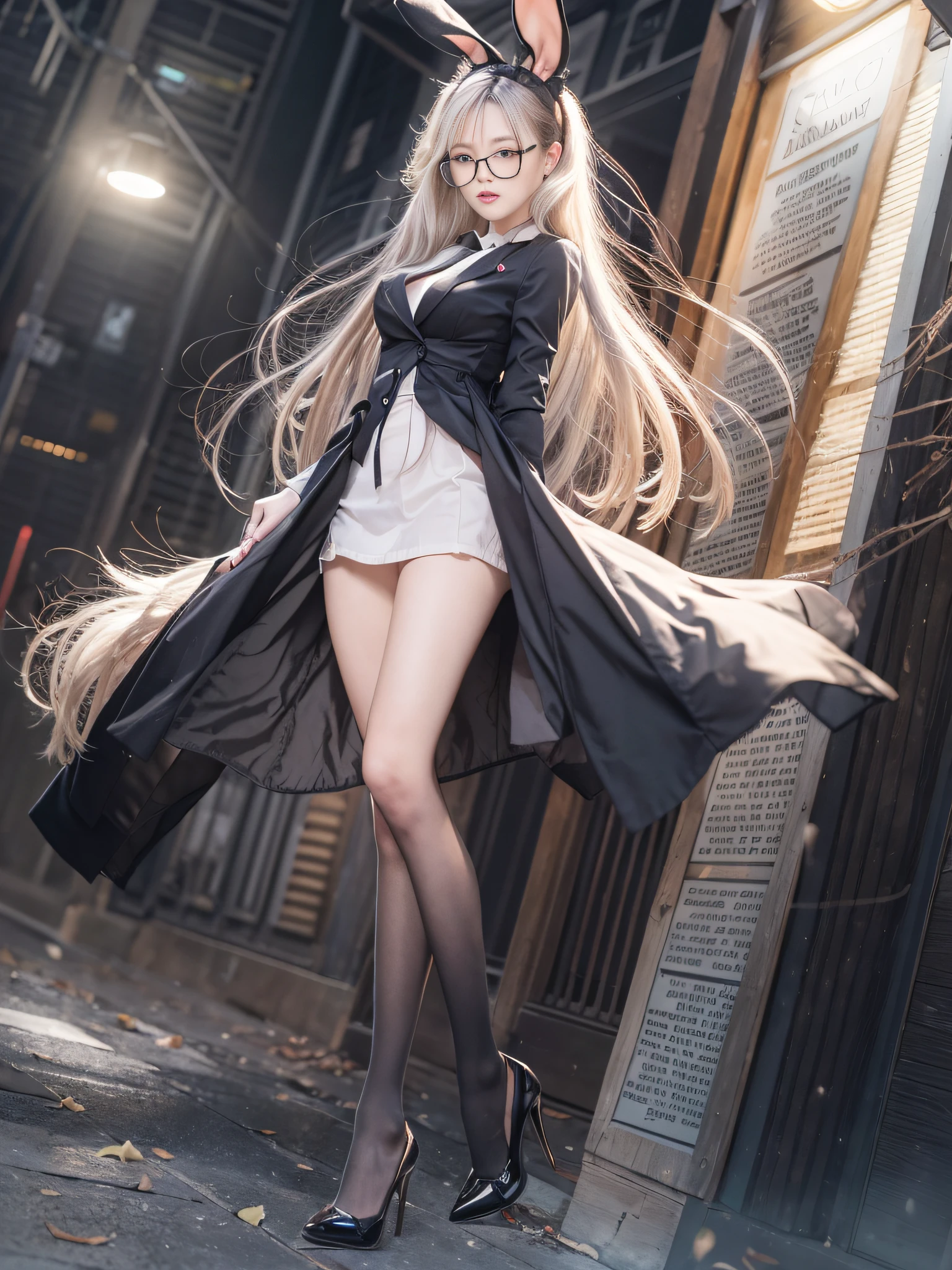 masterpiece、top-quality、perfect anatomia、nice hand:1.2)、1girl in、独奏、Beautiful girl walking at night、Long golden hair、springtime、neons、Standing split、Standing on one leg、Raising legs、Wearing black stockings、Stockings、Black tights、suits、The chest is open、a miniskirt、Wear black high heels、Wearing light-rimmed glasses、Wearing a red tie, Perfectly shaped large breasts、Rabbit ears on the head、Crisp face、Officelady、25-years old、girl with,Perfect promotion、Balance between face and body、17 age、Height 168cm、There is one rabbit on the ground、slender long legs