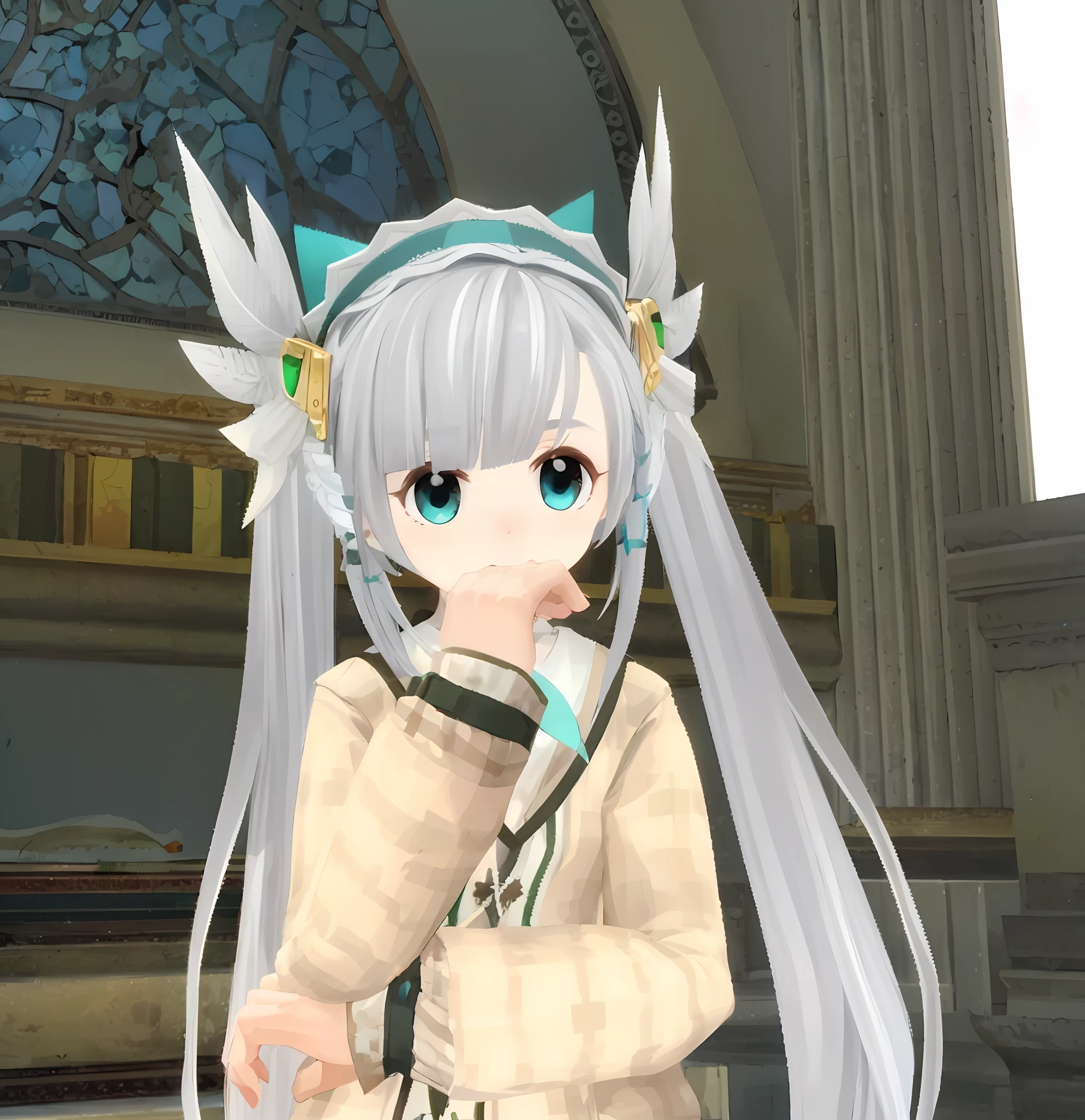 holding a pudica pose,  White double-tailed hair and cyan eyes, A rendering of a cute anime girl