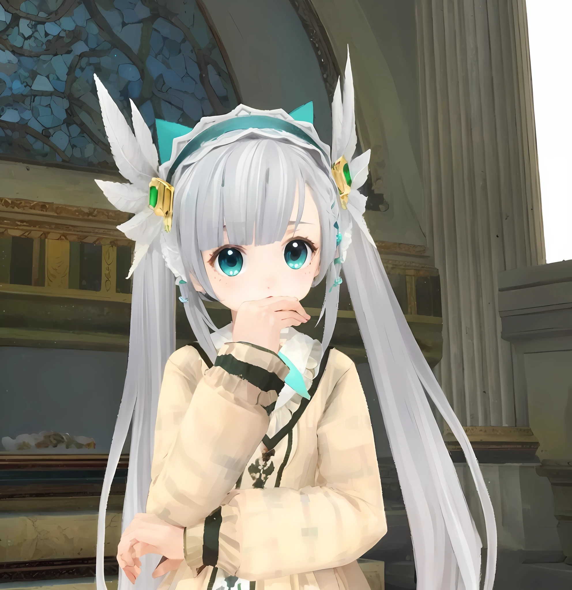 holding a pudica pose, White double tail hair and cyan eyes, A rendering of a cute anime girl