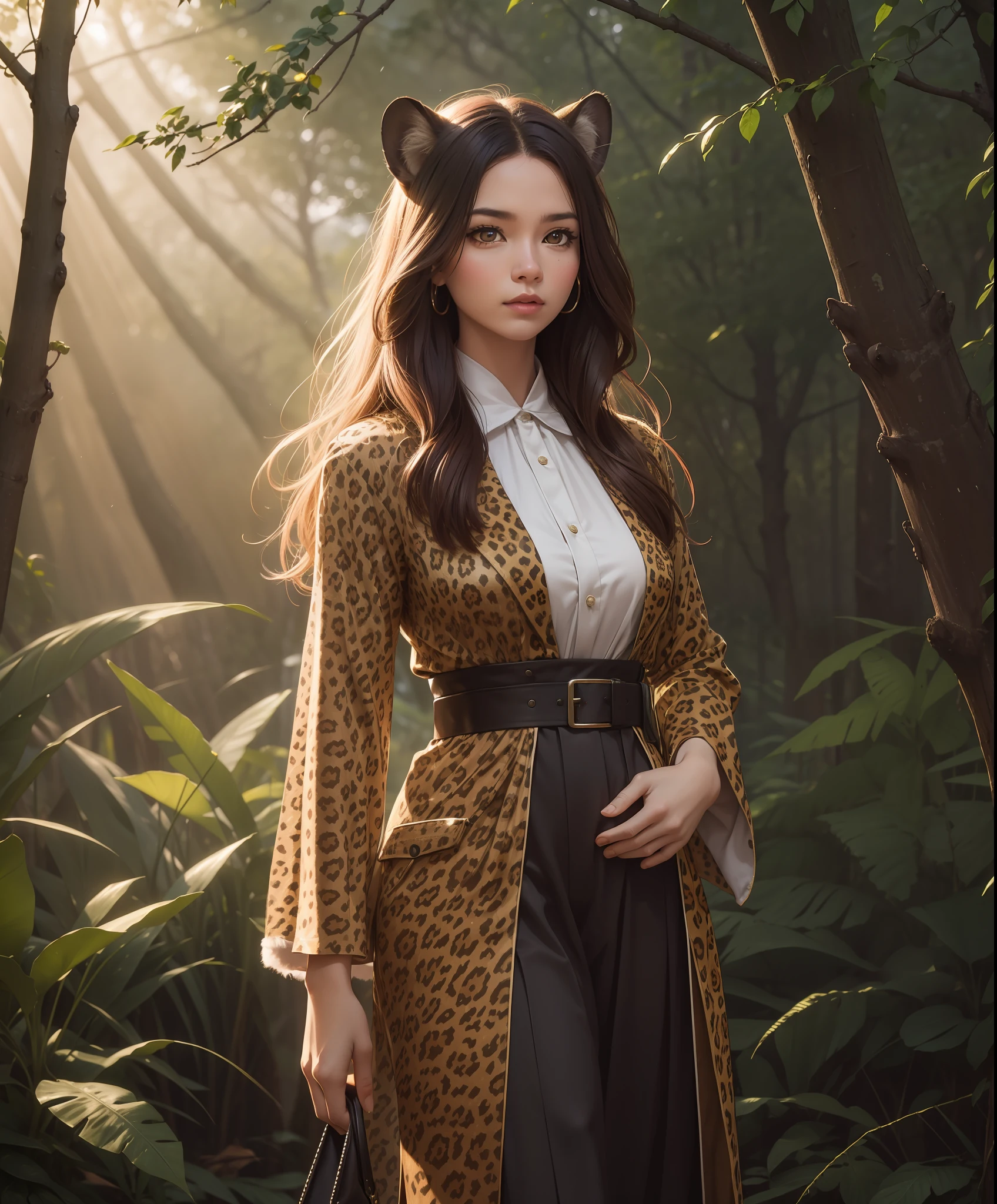 RAW photo, a portrait photo of (anthro cheetah woman), traveler clothes, standing in the forest, natural fur, 8k uhd, high quality, film grain, Fujifilm XT3