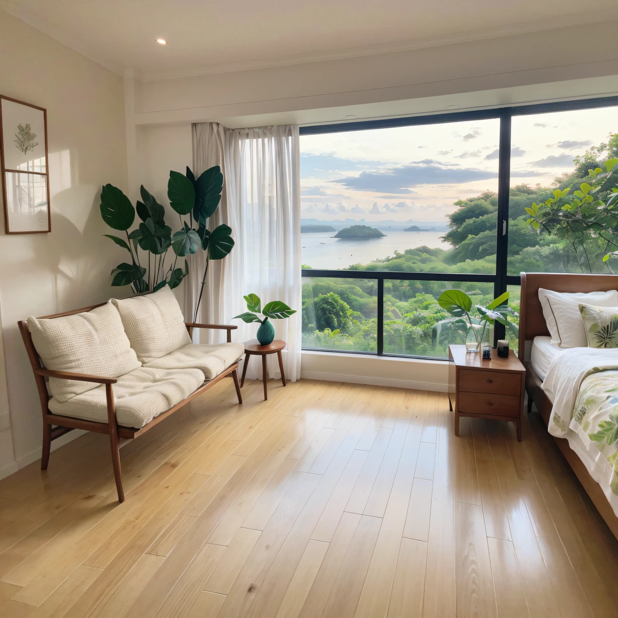 ，masterpiece, best quality，8k, ultra highres，It's like being in a tropical paradise，The modern minimalist design of the bedroom blends perfectly with Southeast Asian elements。High-end textured wooden floors，Contrasted with lightweight white linens and pillows，It creates a dreamy atmosphere like the clouds。Fresh greenery dots it，It's like smelling the refreshing greenery。Open the curtains，Sunlight spills onto the ground through the blinds，One can't help but look forward to every morning。Relax，Enjoy an intimate and luxurious journey through Southeast Asia。