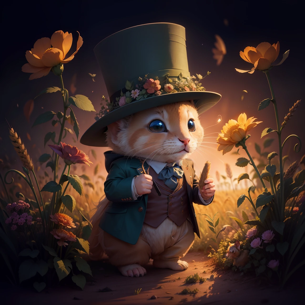A whimsical landscape of wheat stalks, hop vines and flowers, where a tiny dormouse wearing a top hat and a waistcoat lives among other hobbit-like dormice, 4k, evening backlight with glowing hues of evening color, beautiful artistic, dynamic lighting hyperdetailed intricately detailed, in the style of Raphael. --auto